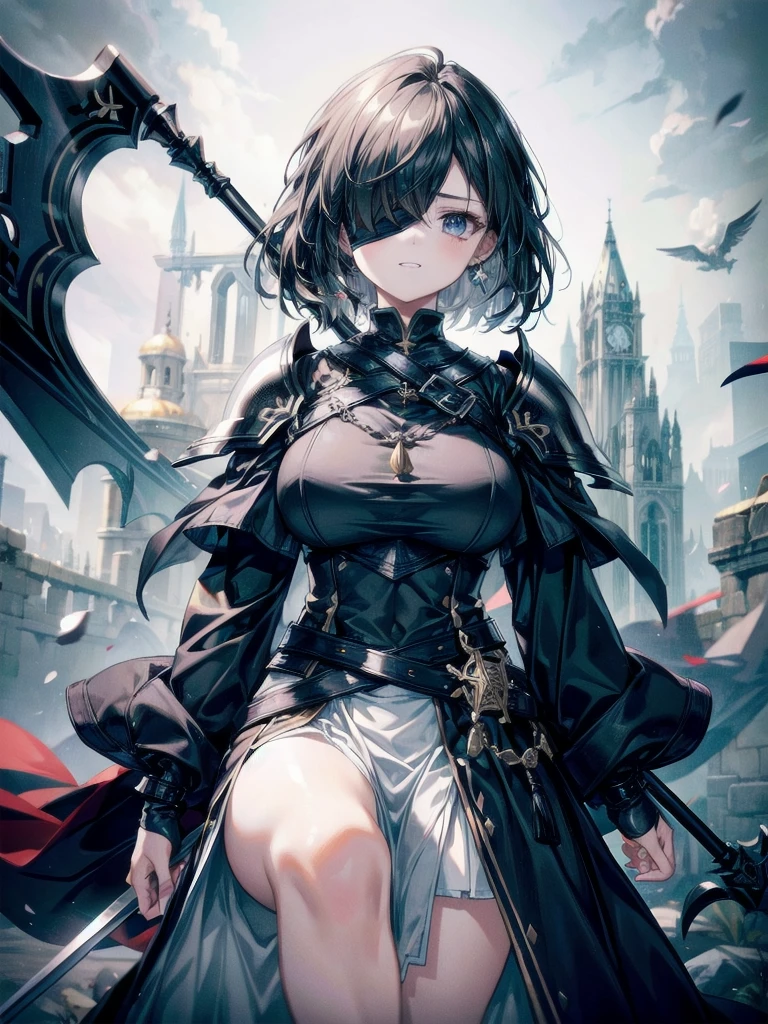 ((one-eyed blindfold)), holy paladin, scythe, dark Heavy armor, absurdres, RAW photo, extremely delicate and beautiful, masterpiece, Best Quality, ultra high resolution, 32k, hyperrealistic, ultra-detailed, detailed description, pale skin, 20 years old, tearful mole, earring, Colossal tits, short medium hair, wavy hair, evil grin, whole body shot,