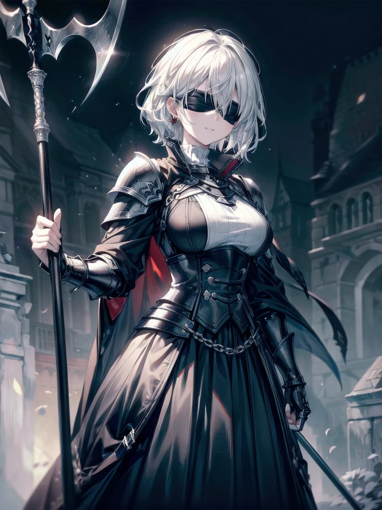 ((one-eyed blindfold)), holy paladin, scythe, dark Heavy armor, absurdres, RAW photo, extremely delicate and beautiful, masterpiece, Best Quality, ultra high resolution, 32k, hyperrealistic, ultra-detailed, detailed description, pale skin, 20 years old, tearful mole, earring, Colossal tits, short medium hair, wavy hair, evil grin, whole body shot,