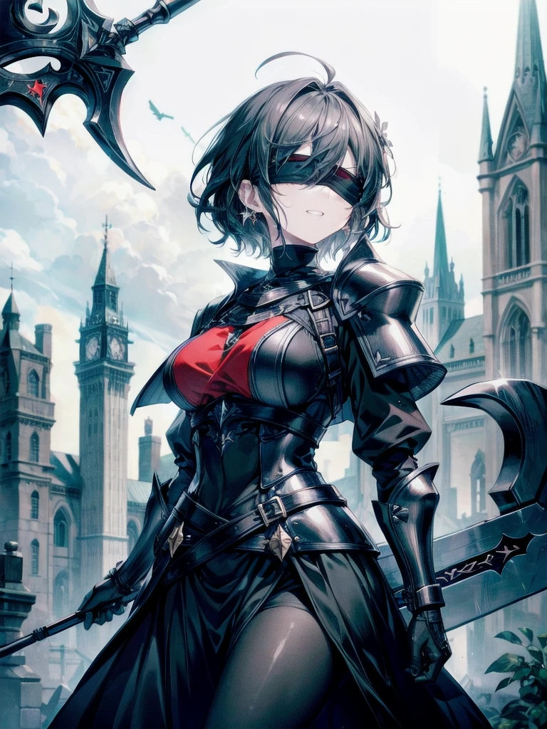 ((one-eyed blindfold)), holy paladin, scythe, dark Heavy armor, absurdres, RAW photo, extremely delicate and beautiful, masterpiece, Best Quality, ultra high resolution, 32k, hyperrealistic, ultra-detailed, detailed description, pale skin, 20 years old, tearful mole, earring, Colossal tits, short medium hair, wavy hair, evil grin, whole body shot,