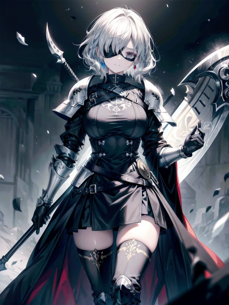 ((one-eyed blindfold)), holy paladin, scythe, dark Heavy armor, absurdres, RAW photo, extremely delicate and beautiful, masterpiece, Best Quality, ultra high resolution, 32k, hyperrealistic, ultra-detailed, detailed description, pale skin, 20 years old, tearful mole, earring, Colossal tits, short medium hair, wavy hair, evil grin, whole body shot,