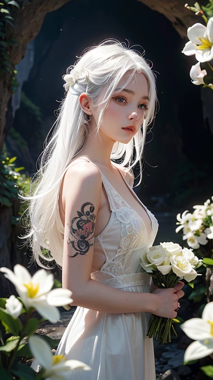 One girl, alone, white_hair, Tattoo, cave, Lush, Flowers, beautiful, Idyllic, Majestic, Absurd, Hyperrealism, texture, maximum_detailed, Digital SLR 