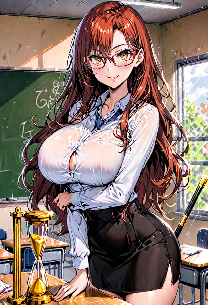 solo, sfw:1.3, female, long wavy hair, auburn hair, golden eyes, huge breasts, teacher, teacher stick, pencil skirt, classroom, thin rimmed glasses, smile, blush, hourglass figure