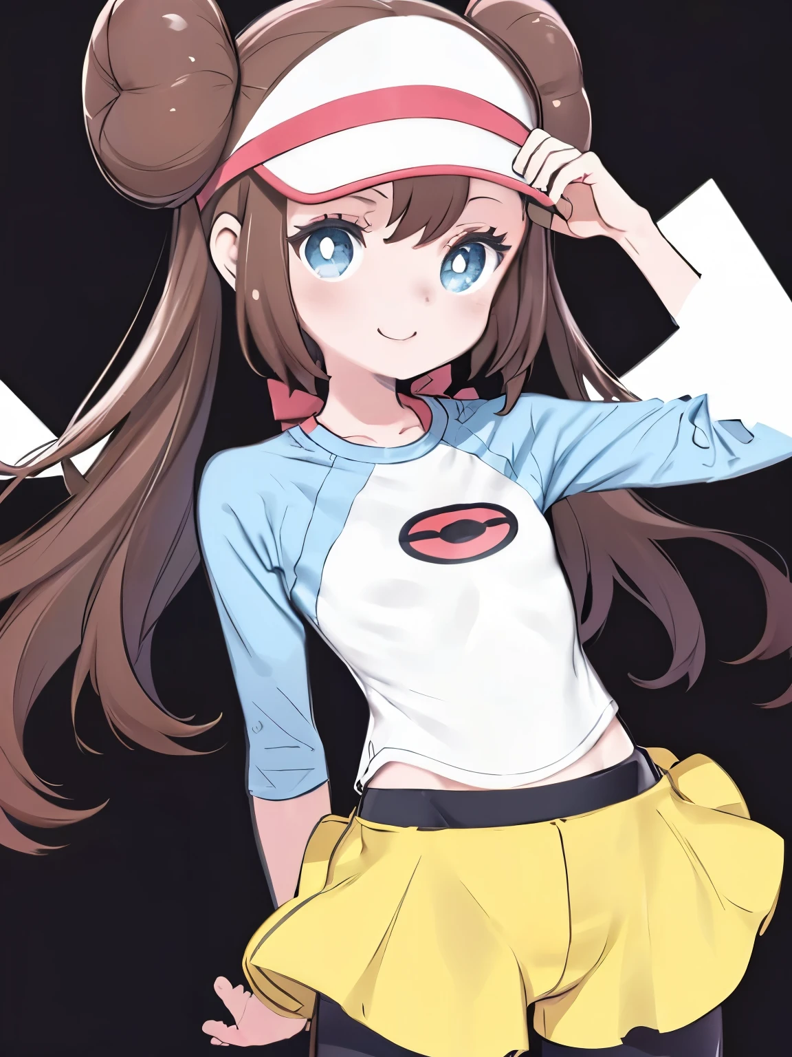 masterpiece、highest quality、High resolution、Very detailed、((Flat Color))、whole body、Chibi Character、Girl、cute、Nendoroid、Smiling、(Shorts, pantyhose, Visor Cap, legwear under Shorts, Raglan sleeves, yellow Shorts, black pantyhose, shirt, short Shorts,)、