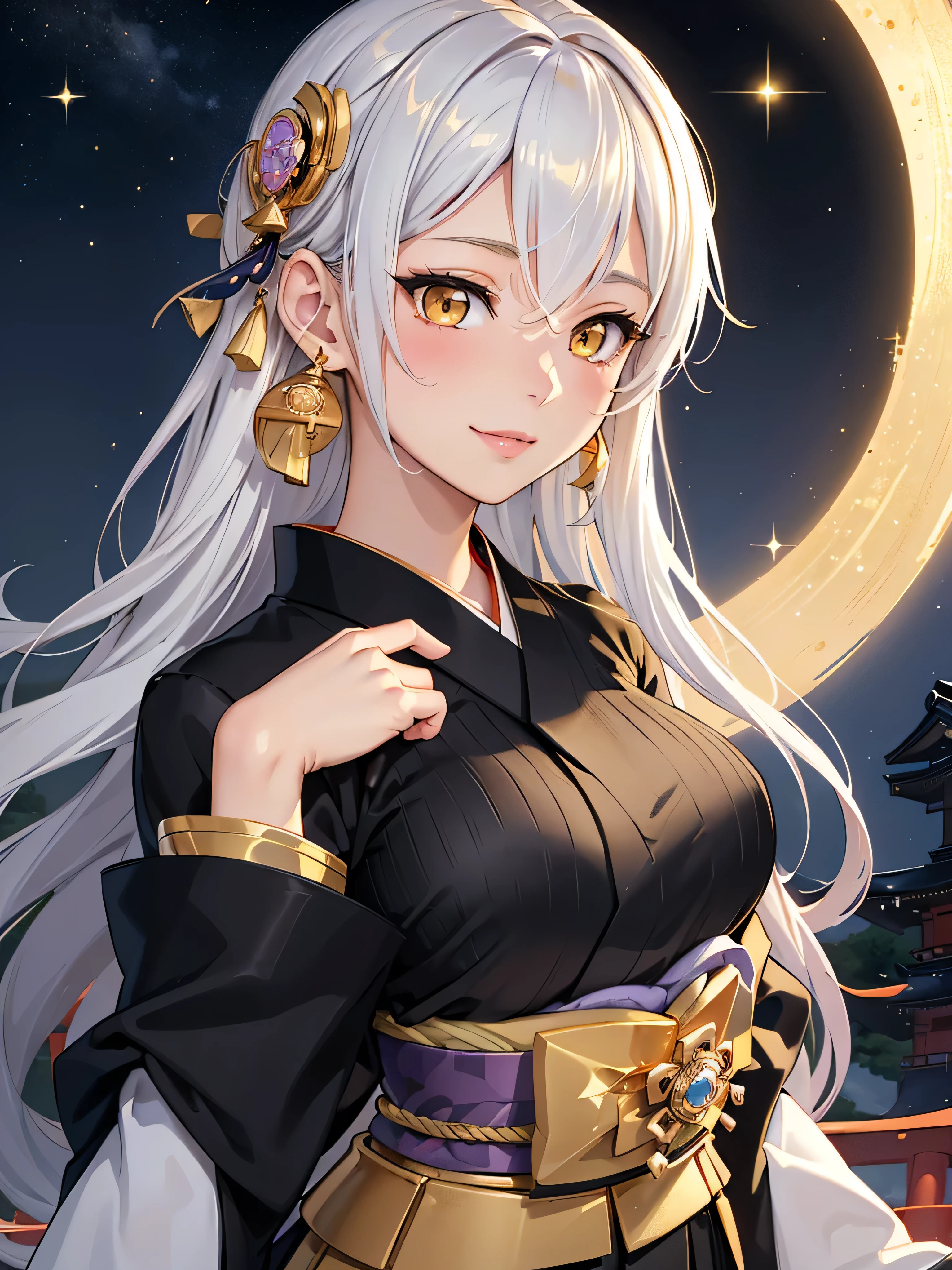 masterpiece、highest quality、High resolution、high quality images、8K, 1 female、skin luster、skin texture、Expression of fine eyes、Girl with long braided hair, realism, Detailed manga style, manga art style, perfect line drawing, beautiful line drawing, digital manga art girl,
(beautiful golden eyes:1.5), Clear, beautiful eyes、plump lips, Detailed gorgeous face, (cute smile), charm, Front view, (perfectly detailed face), (fine hands) 、(Five fingers:1.3)、photorealistic images, Depth of written boundary, face forward , night sky , night view ,beautiful starry sky , romanticism、(Taisho Era、japanese black and golden kimono:1.5)、(large breasts:1.35)、blush、(white Hair:1.3)、Gorgeous blue sparkling earrings、Gorgeous gold bracelet、Gorgeous gold anklets、(oblong face:1.5)、(Sparkling Glitter:1.2)、Bangs between the eyes、(portrait:1.6)
Graceful、Kyoto street、Moon Night,The beautiful old town of Kyoto、(Hands should be hidden behind the body:1.4)、Hairpin
