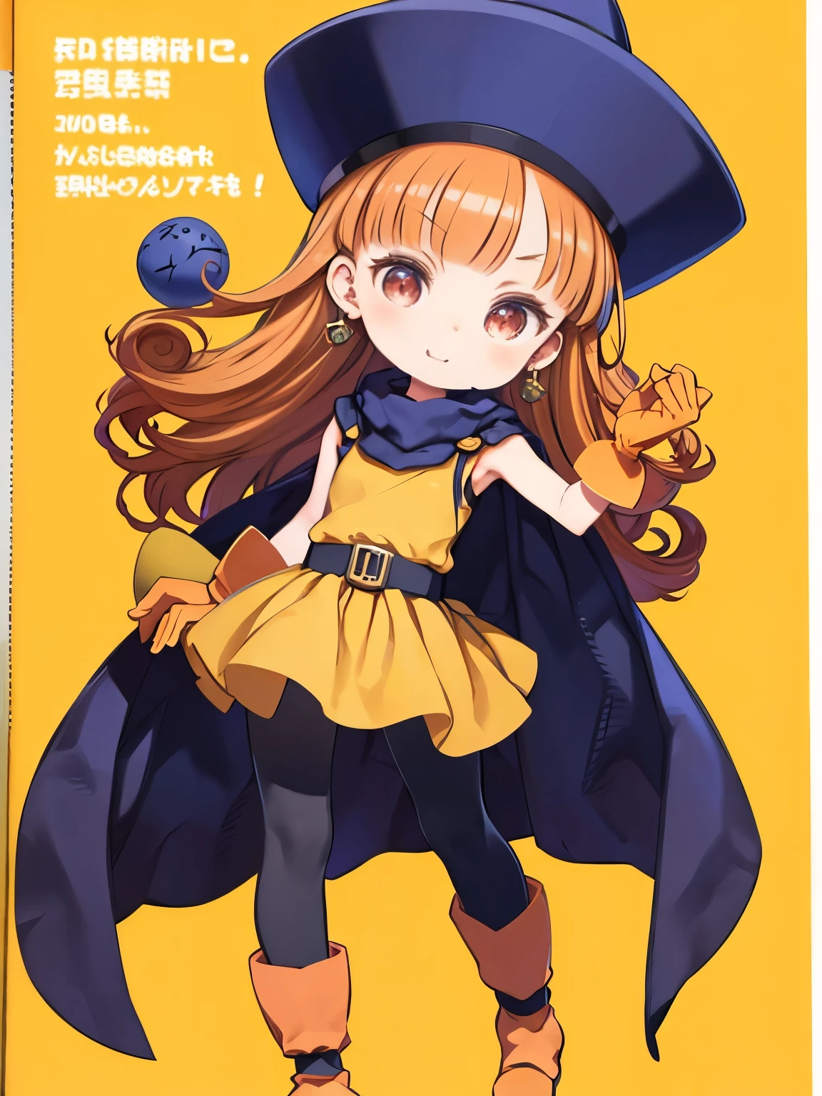 masterpiece、highest quality、High resolution、Very detailed、((Flat Color))、whole body、Chibi Character、Girl、cute、Nendoroid、Smiling、(Arena - DQ4, DQ4-Arena,Black Pantyhose,Blue Cape,Blue hat,boots,Curly Hair,Earrings,Long Hair,Orange gloves,Orange Hair,Red eyes,No sleeve,Yellow Dress,Yellow Skirt)、