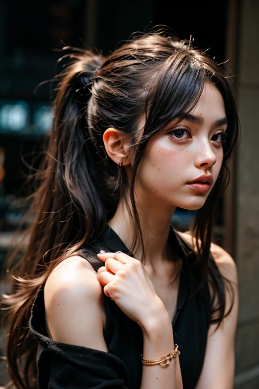 27 year old white female、hair color is black 、、long hair、setting hair、Have a ponytail、accessories on wrist、I'm wearing a choker、skin is smooth、smile、Slender but muscular body、My heart is pounding、high resolution、Skin is shiny、Wearing a princess dress、wearing high heels、I'm in an alley in the old town、smile、hugging a streetlight , Slender but muscular body , 25 yr old , black hair