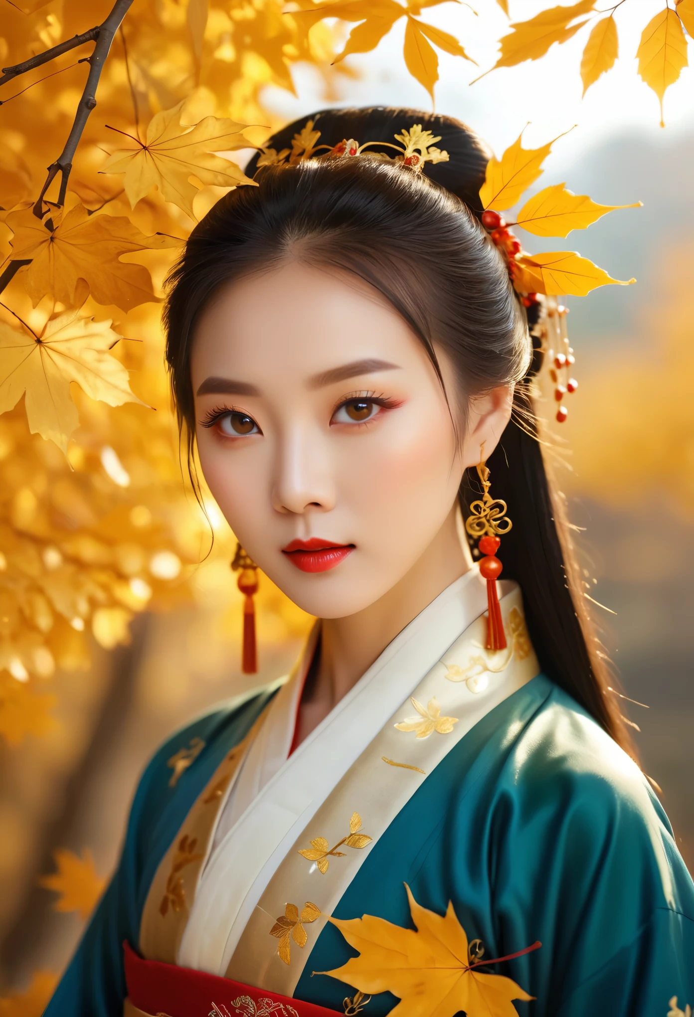 Chinese beauty, closeup of her face, beautiful eyes and lips, Hanfu, autumn scene, golden leaves, sunlight shining through the branches on her hair, in the style of cinematic photography, natural light, high definition.