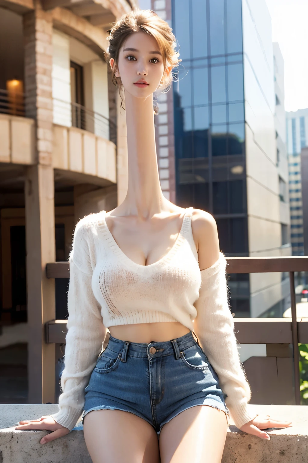 ultra detailed, best quality, professional photo, posing for photo, masterpiece girl, short wavy blonde hair, v-neck sweater, high rise shorts, massive breasts, (longneck:1.45)