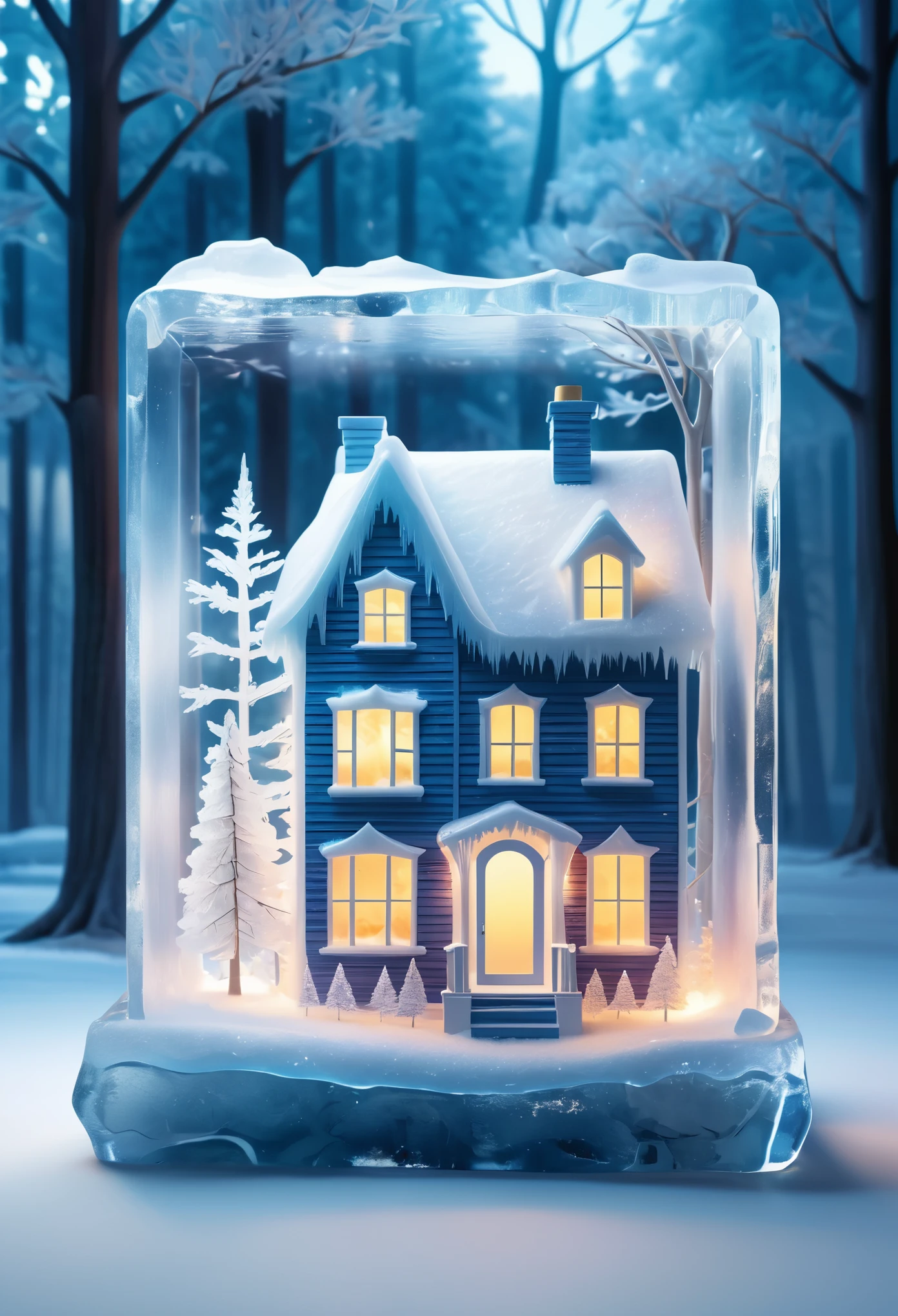 A miniature house made of ice, with lights on inside and trees outside the window. The background is white, with an overall color scheme. It features C4D rendering style, surrealism, highdefinition details, and a transparent texture.,,in