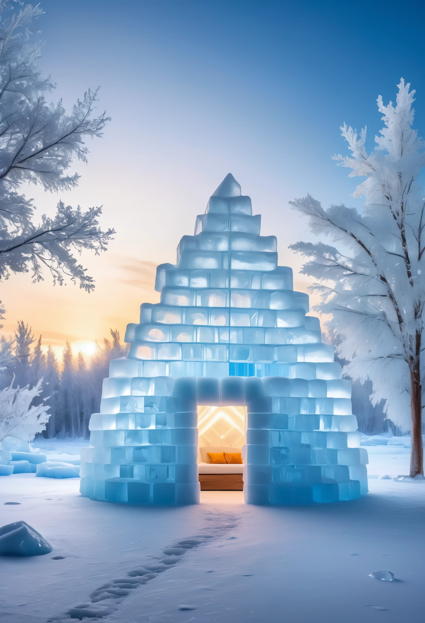 ice house, interior design of the home is illuminated by warm light inside and outside the ice block structure, there's an arctic tree in front of it, simple white background, hyper realistic photography