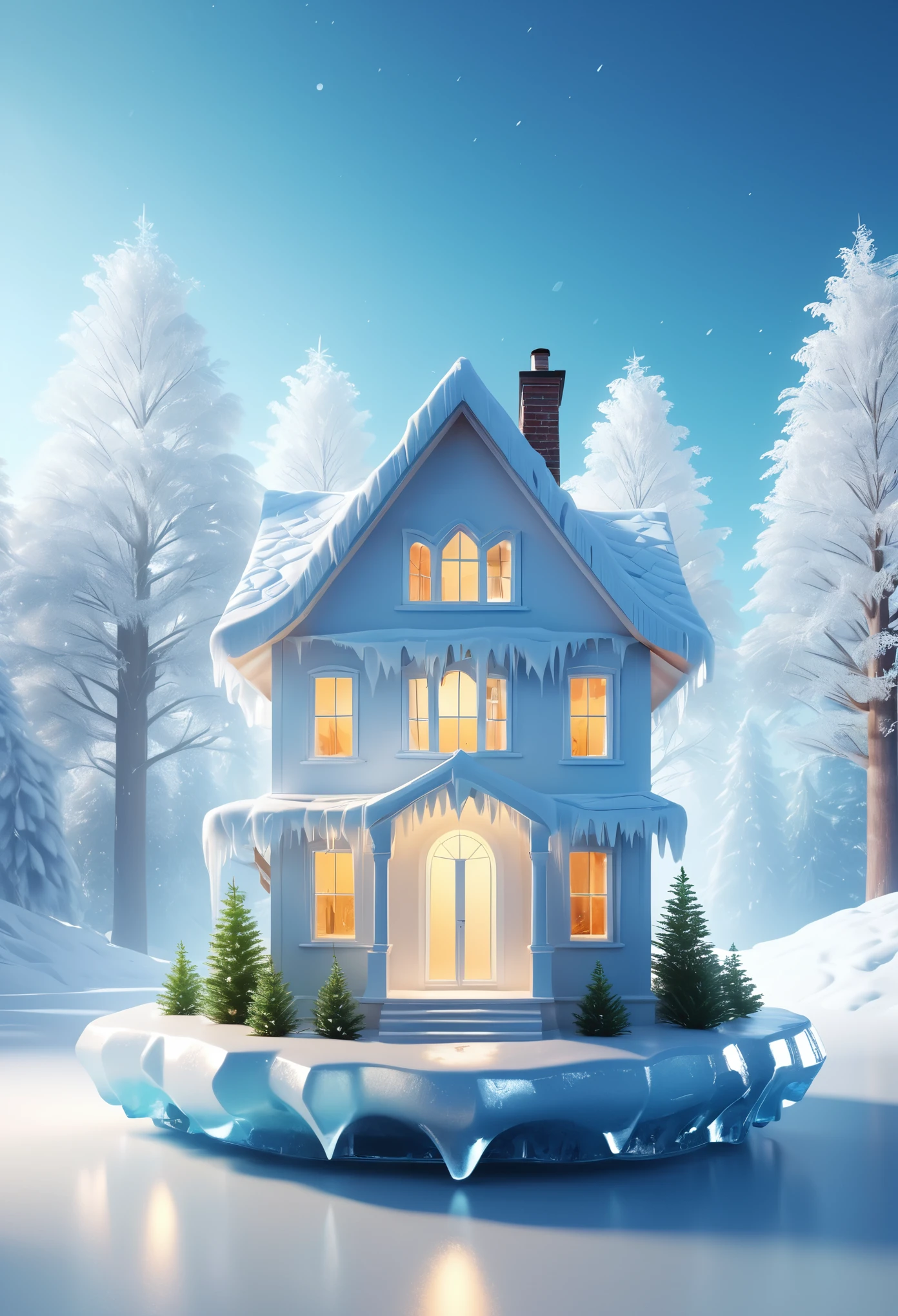 A small house made of ice, illuminated from the inside, with trees and plants growing on it, floating in white space, with a simple background, rendered in cinema4d style, with high resolution, bright lighting, and a sense of luxury.,in fashion design, snowing, cute, hyperrealistic, photorealism, product photography, octane rendering, by ray tracing, vray tracing, 3D render, 20 megapixels, oc renderer, 8k