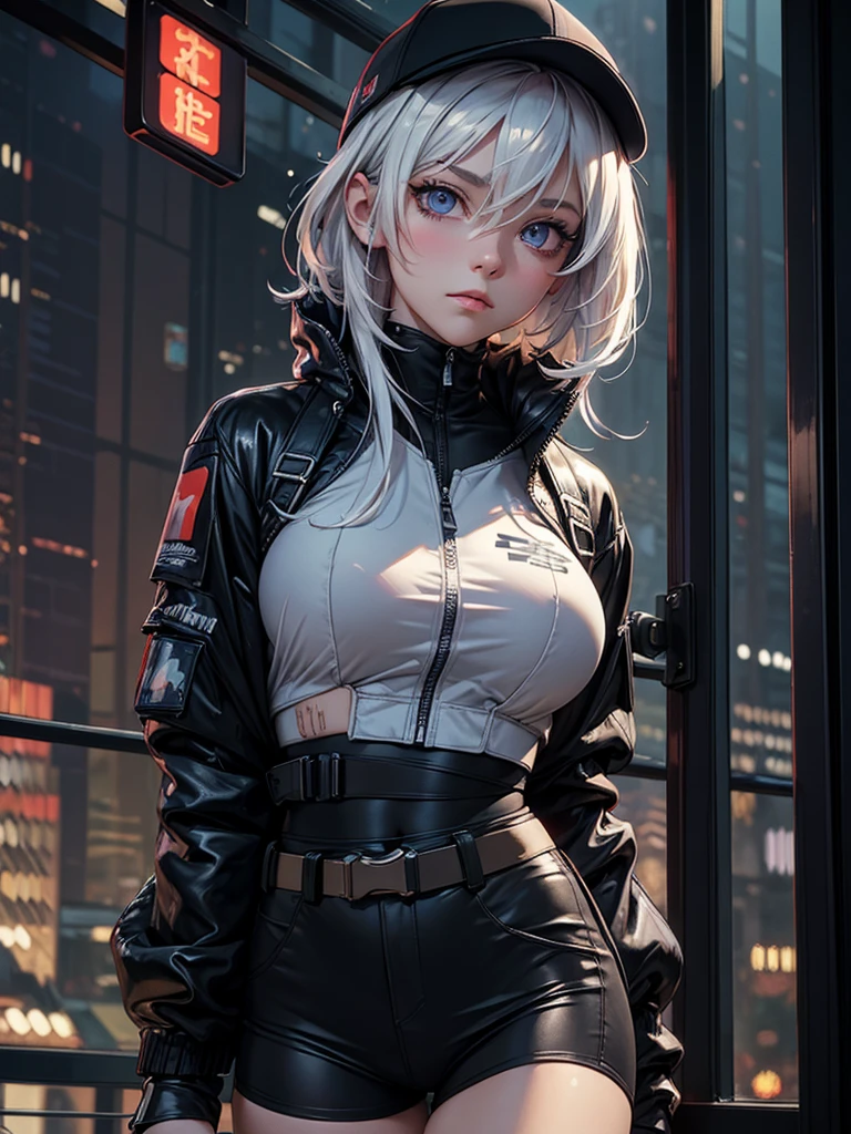 masterpiece, best quality, 4k, UHD, mishoujo, beautiful eyes and detailed face, illustration, beautiful detailed, high resolution illustration, glowing_white_particles, 1girl, white hair, light purple eye, hair over one eye, short side tail, baseball cap, expressionless, window shade, black jacket, black crop shirt, chest rig, cyberpunk, techwear, (Impressionism:1.4), mid body portrait, cyberpunk city background, looking serious, 

