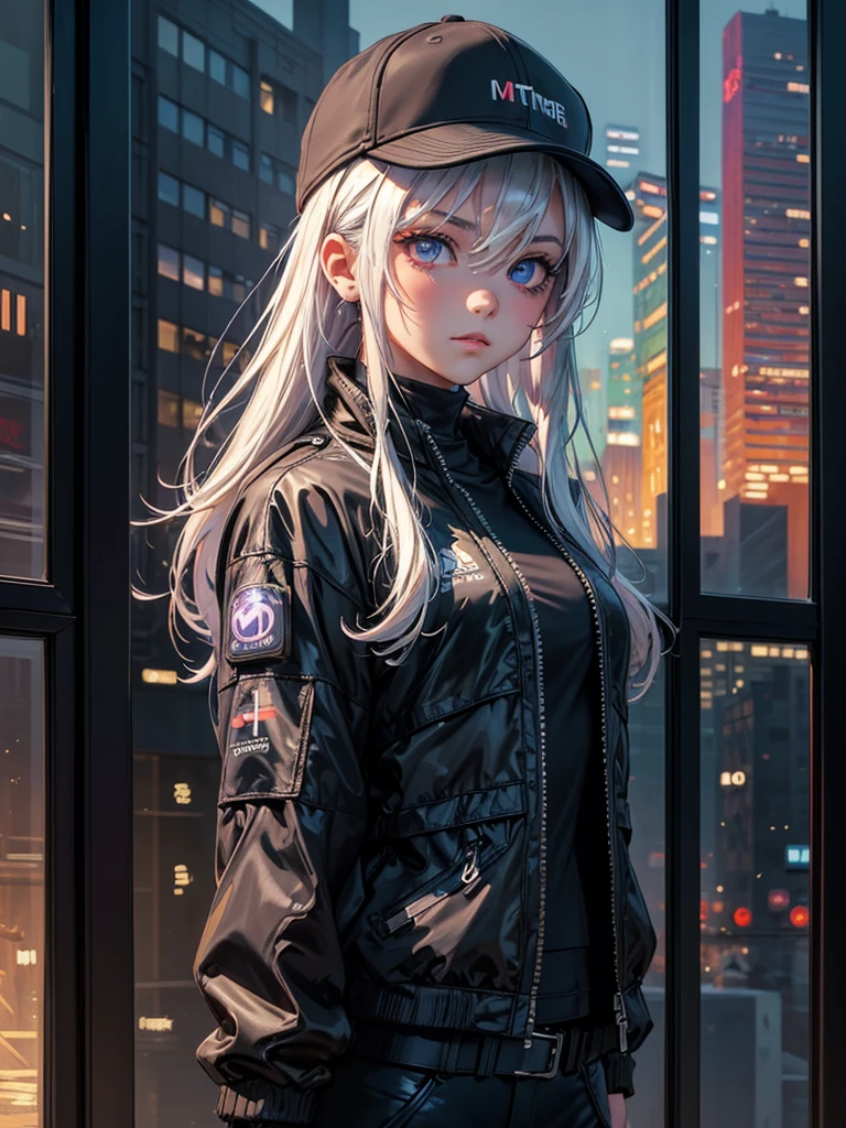 masterpiece, best quality, 4k, UHD, mishoujo, beautiful eyes and detailed face, illustration, beautiful detailed, high resolution illustration, glowing_white_particles, 1girl, white hair, light purple eye, hair over one eye, short side tail, baseball cap, expressionless, window shade, black jacket, black crop shirt, chest rig, cyberpunk, techwear, (Impressionism:1.4), mid body portrait, cyberpunk city background, looking serious, 

