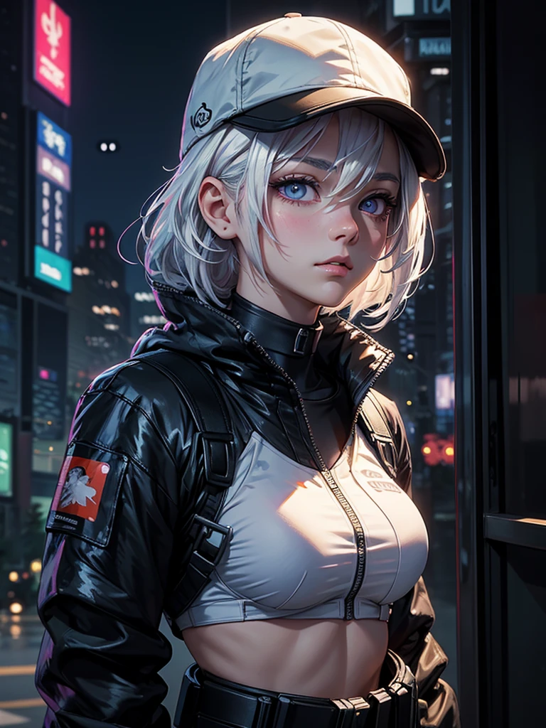 masterpiece, best quality, 4k, UHD, mishoujo, beautiful eyes and detailed face, illustration, beautiful detailed, high resolution illustration, glowing_white_particles, 1girl, white hair, light purple eye, hair over one eye, short side tail, baseball cap, expressionless, window shade, black jacket, black crop shirt, chest rig, cyberpunk, techwear, (Impressionism:1.4), mid body portrait, cyberpunk city background, looking serious,