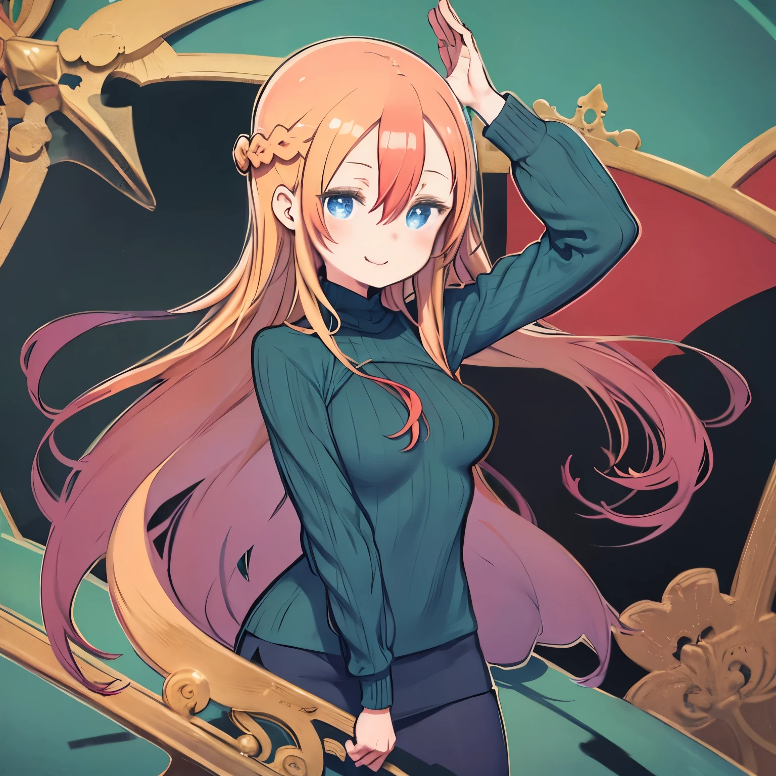 masterpiece、highest quality、High resolution、Very detailed、((Flat Color))、whole body、Chibi Character、Girl、cute、Nendoroid、Smiling、(aty, long hair, blue eyes, red hair, Hair between the eyes、Big Breastint, blue eyes, braid、Long blonde、Big Breasts)、Green Sweater、Turtleneck sweater、Long sleeve、Black Stockings、Pencil Skirt、