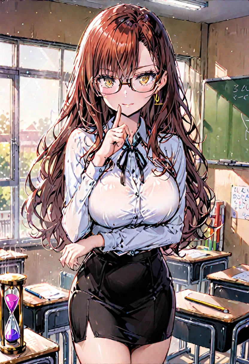 solo, sfw:1.3, female, long wavy hair, auburn hair, golden eyes, large breasts:1.2, teacher, teacher stick in hand, indicating, pencil skirt, classroom, thin rimmed glasses, shy smile, blush, hourglass figure