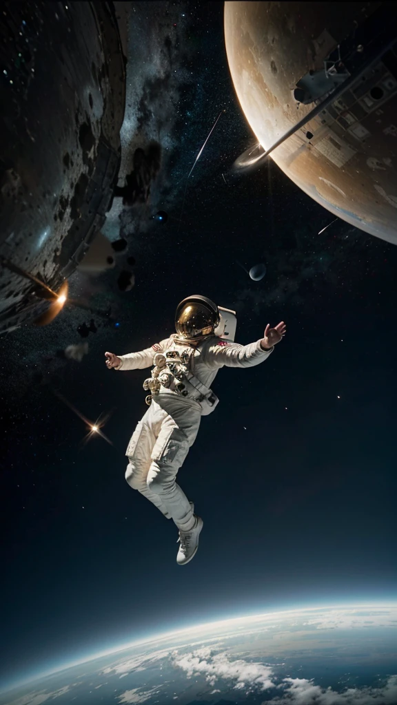 An astronaut jumping on top of the planets in space