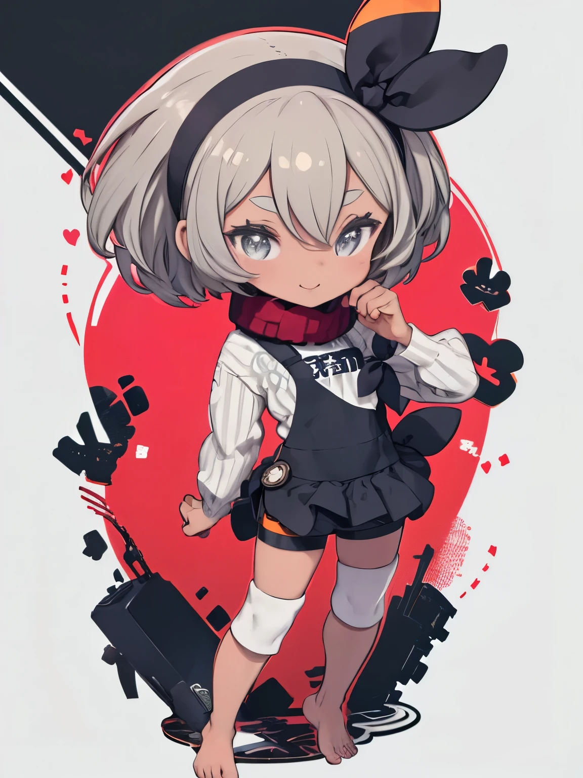 masterpiece、highest quality、High resolution、Very detailed、((Flat Color))、whole body、Chibi Character、Girl、cute、Nendoroid、Smiling、bow hairband, print shirt, tied shirt, black bodysuit, bodysuit under clothes, single glove, print shorts, knee pads, barefoot、bow hairband, black bodysuit, single glove, knee pads, barefoot、bow hairband, , white shirt, black skirt, sneakers、alternate costume, black hairband, hair ornament, red scarf, white sweater, brown dress, black pantyhose