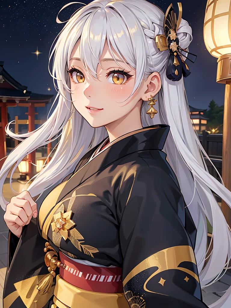 masterpiece、highest quality、High resolution、high quality images、8K, 1 female、skin luster、skin texture、Expression of fine eyes、Girl with long braided hair, realism, Detailed manga style, manga art style, perfect line drawing, beautiful line drawing, digital manga art girl,
(beautiful golden eyes:1.5), Clear, beautiful eyes、plump lips, Detailed gorgeous face, (cute smile), charm, Front view, (perfectly detailed face), (fine hands) 、(Five fingers:1.3)、photorealistic images, Depth of written boundary, face forward , night sky , night view ,beautiful starry sky , romanticism、(Taisho Era、japanese black and golden kimono:1.5)、(large breasts:1.35)、blush、(white Hair:1.3)、Gorgeous blue sparkling earrings、Gorgeous gold bracelet、Gorgeous gold anklets、(oblong face:1.5)、(Sparkling Glitter:1.2)、Bangs between the eyes、(portrait:1.6)
Graceful、Kyoto street、Moon Night,The beautiful old town of Kyoto、(Hands should be hidden behind the body:1.4)、Hairpin