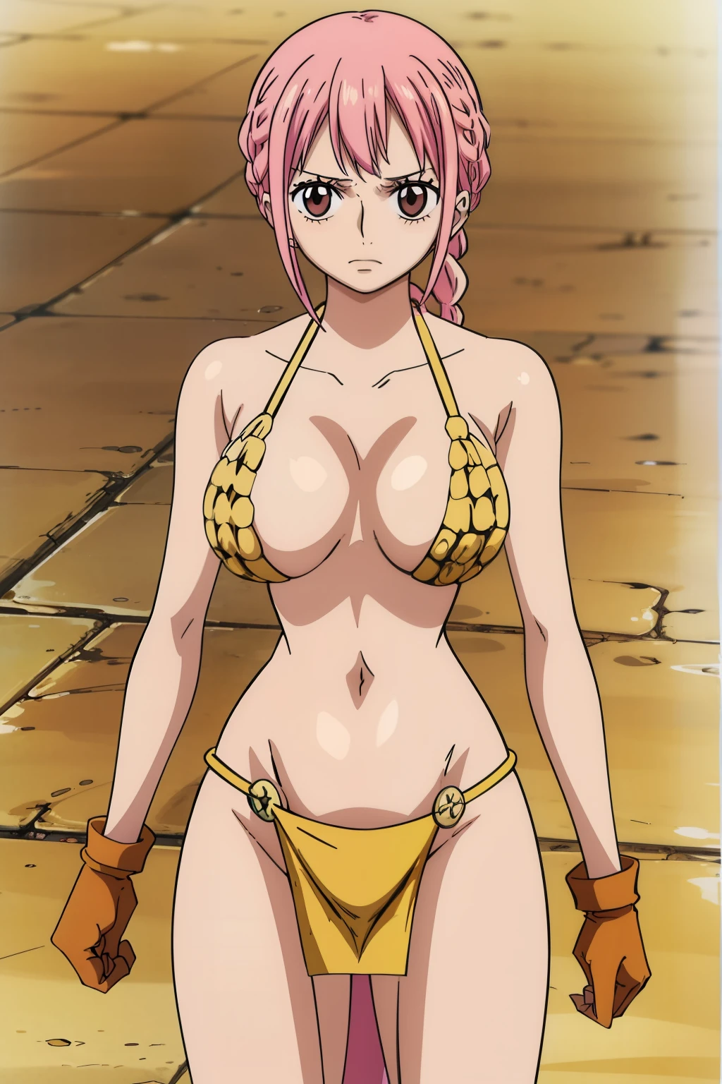 anime cels style, best quality, high resolution, rebecca, large breasts, (narrow waist:1.2), brown eyes, short hair, long hair, ponytail, braid, pink hair, brown gloves, bikini armor, loincloth, perfect round breasts, cowboy shot