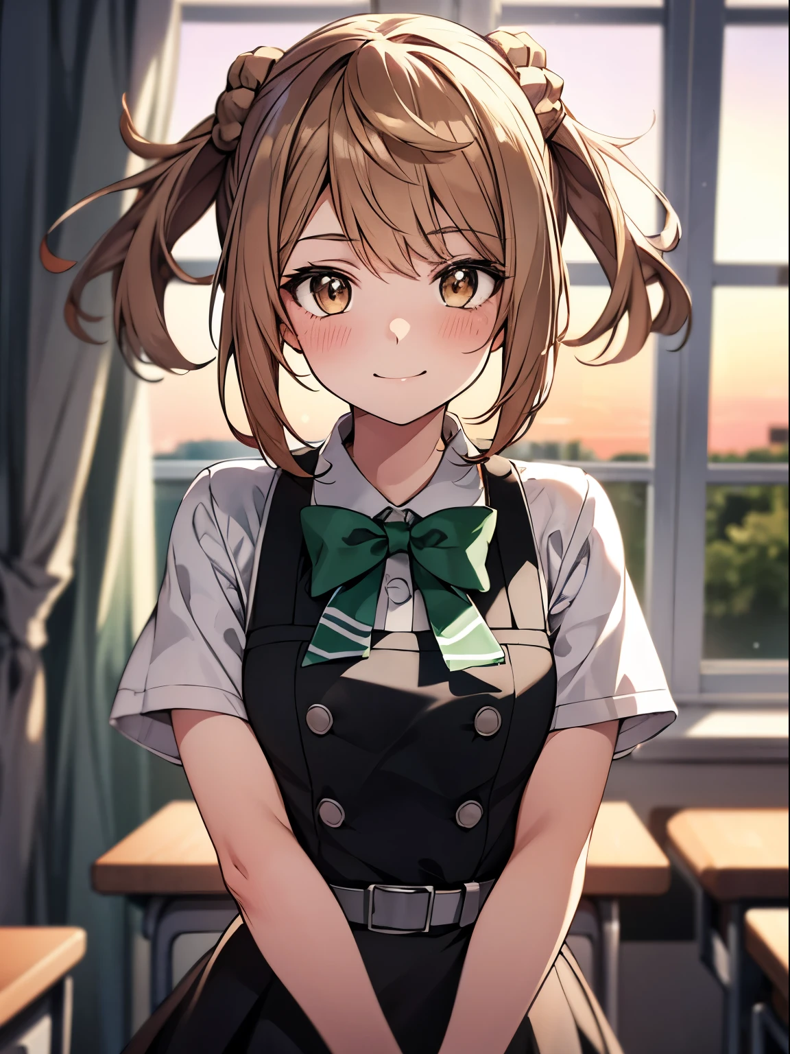 copano rickey \(umamusume\),, 1 girl, Solo, Cute Girl,Best Quality, Ultra-detailed, 8K, High resolution, detailed face, in the classroom, standing near the window, sunset, upper body, light smile, gentle smile, black dress, white shirt, short sleeves, green bowtie,