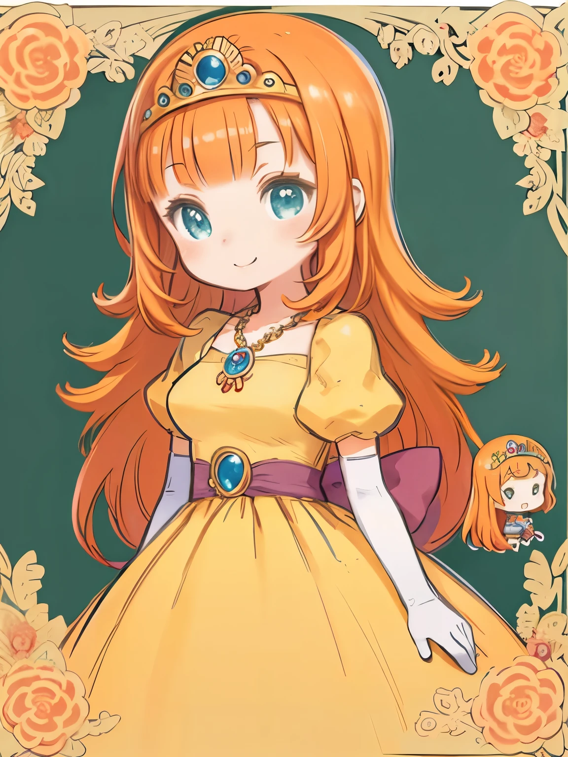 masterpiece、highest quality、High resolution、Very detailed、((Flat Color))、whole body、Chibi Character、Girl、cute、Nendoroid、Smiling、dqLaura, orange hair、tiara, necklace, yellow dress, elbow gloves、Big Breasts