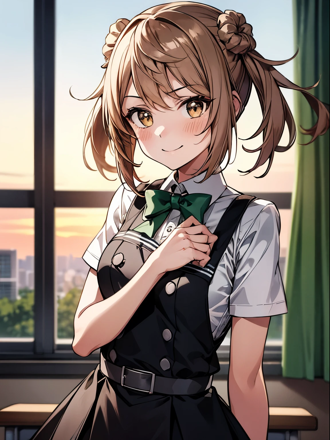 copano rickey \(umamusume\),, 1 girl, Solo, Cute Girl,Best Quality, Ultra-detailed, 8K, High resolution, detailed face, in the classroom, standing near the window, sunset, upper body, light smile, gentle smile, black dress, white shirt, short sleeves, green bowtie,