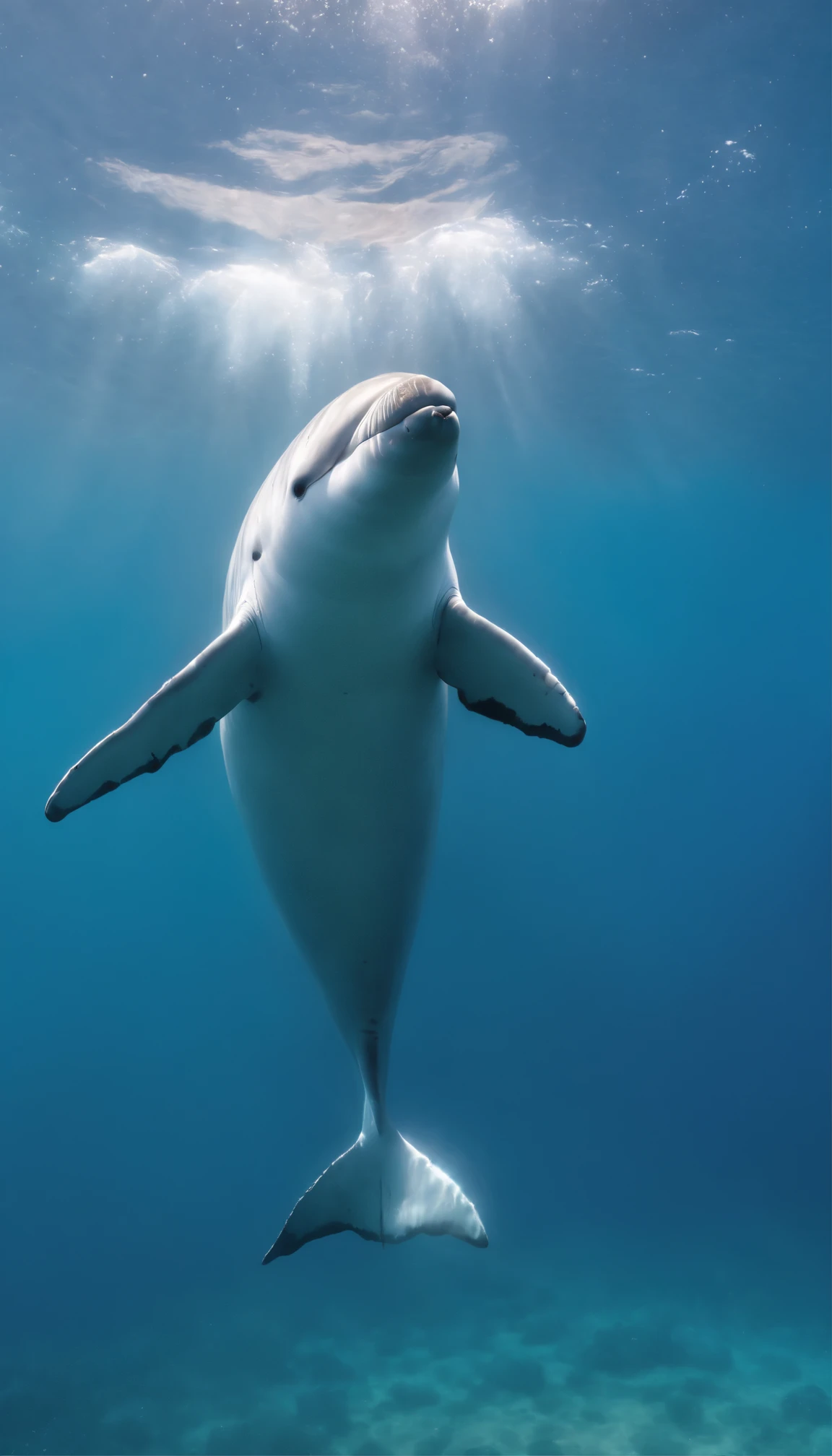 Powerful footage of a beluga whale jumping out of the crystal clear ocean。A giant body shining with smooth white skin、Erupting from the calm waters, sparkling in the sunlight。Hurloo, the gentle giant lands with a monumental splash.、They danced and scattered, creating ripples in the sunlit sea.、Enhance the atmosphere of dynamic, larger-than-life scenes。Witness the beauty and majesty of whales in high resolution、Capture every detail vividly and enjoy。