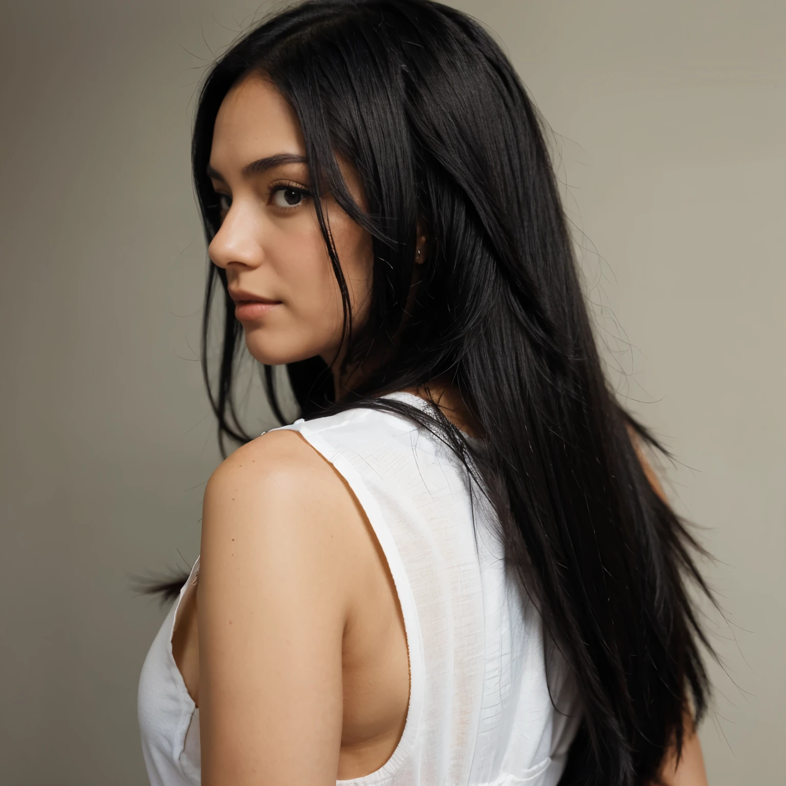 Woman with straight, super black hair