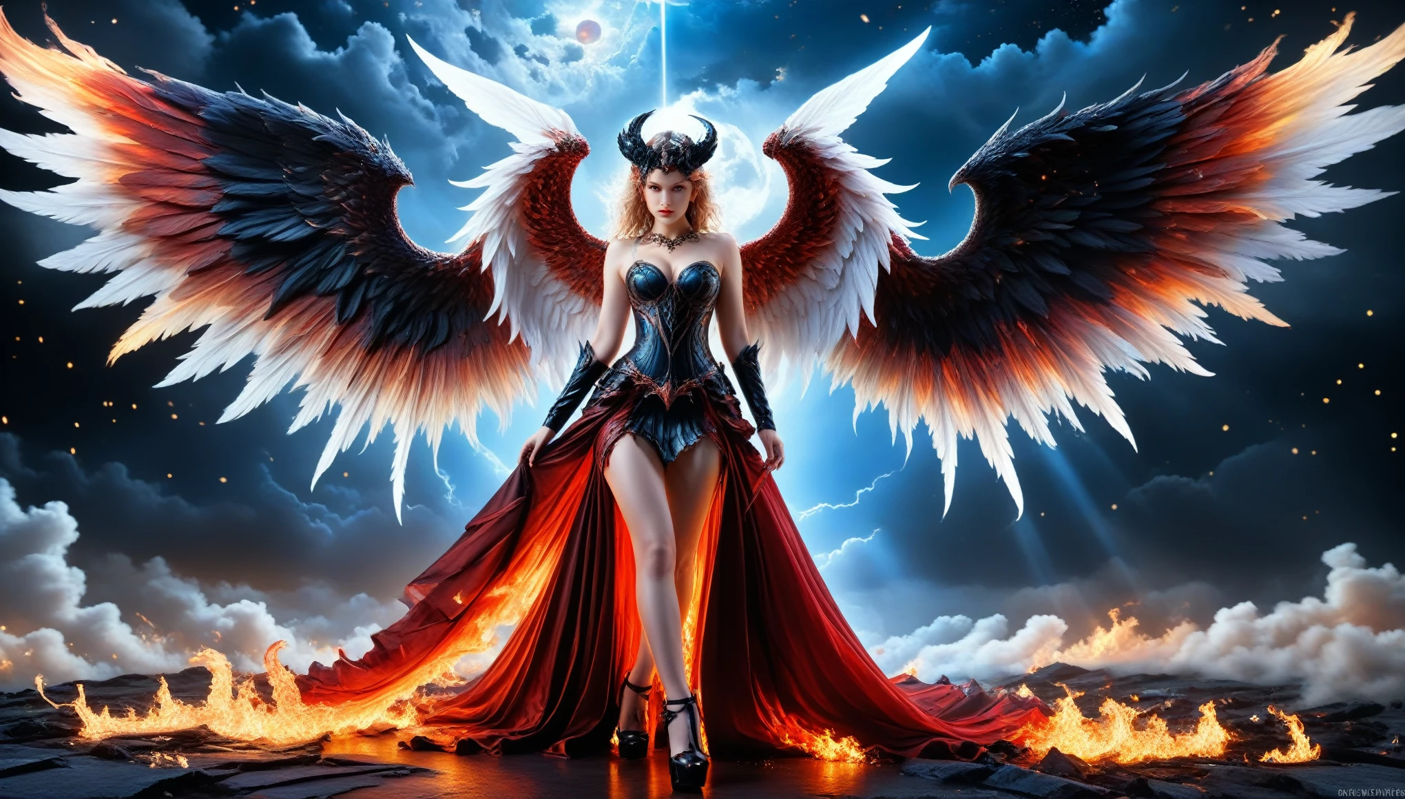 fantasy art, RPG art, a picture of 2 women, a female angel (Masterpiece, intricate details: 1.5), wearing dress, pale skin, best details beautiful face (Masterpiece, intricate details: 1.3 ), blond hair, long hair wavy hair (Masterpiece, intricate details: 1.3), blue eyes, high heeled boots, wearing a dress (Masterpiece, intricate details: 1.3), large feathered wings, white angel_wings spread AND a female demon (Masterpiece, intricate details: 1.5), demon, red skin (Masterpiece, intricate details: 1.3), black flame wings spread, demonic horns (Masterpiece: 1.3), red skin (Masterpiece: 1.3), black hair, red eyes, best details beautiful face (Masterpiece, intricate details: 1.2), wearing a dress (Masterpiece, intricate details: 1.3), black high heels, in the border between heaven and hell, moon, stars, clouds, god rays, soft natural light silhouette, dynamic angle, photorealism, panoramic view (Masterpiece 1.3, intense details) , Wide-Angle, Ultra-Wide, faize