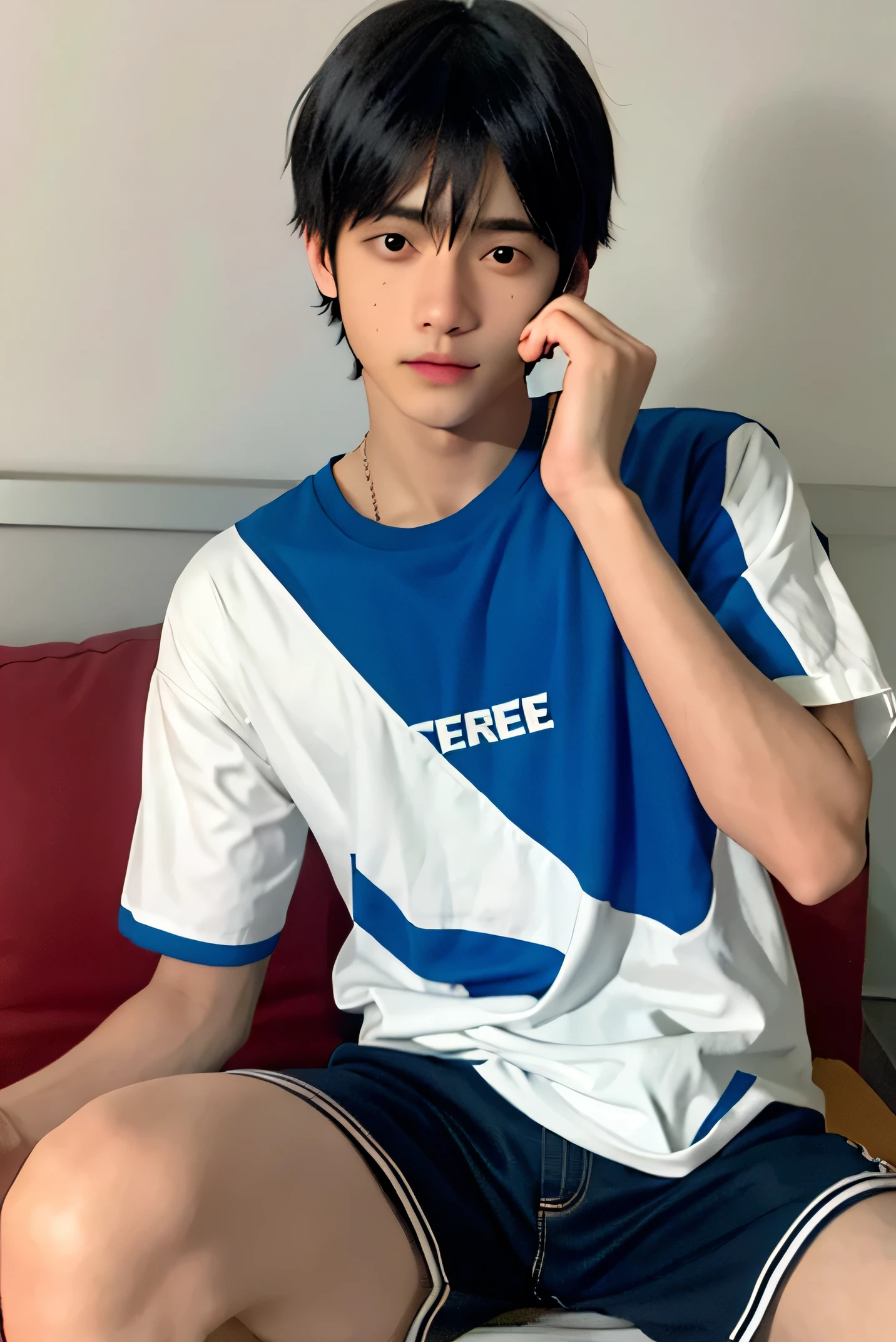 15 year old male boy, voleybolista, camiseta naranja con franjas azules a los costados, pelo negro con las mechones amarillos, ojos marrones, contextura delgada, talla de 1.60, shorts anaranjado con franjas azules a lod costados, number 4 on the shirt, piel mestiza, cabello semi parado, ojos medios achinados, 