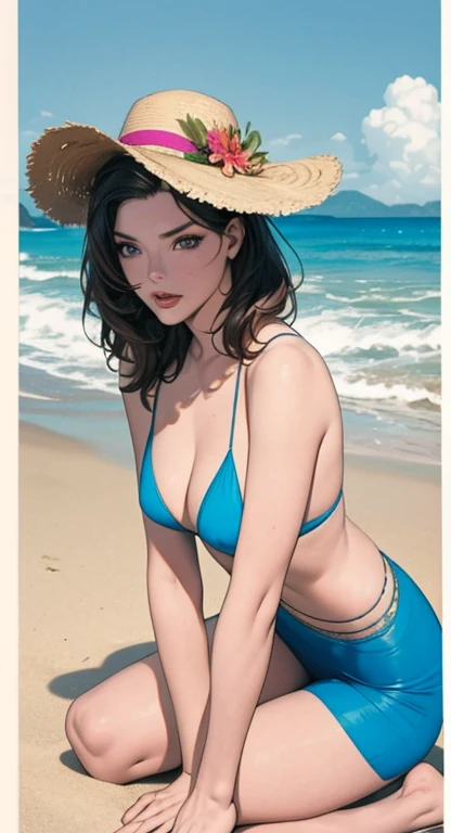 , vibrant, exotic beach background, A beautiful young woman, combination of Ashley Greene:0.95,Mackenzie Foy:0.7, Selma Blair:0.8, jbohemian style, Bohemian poses