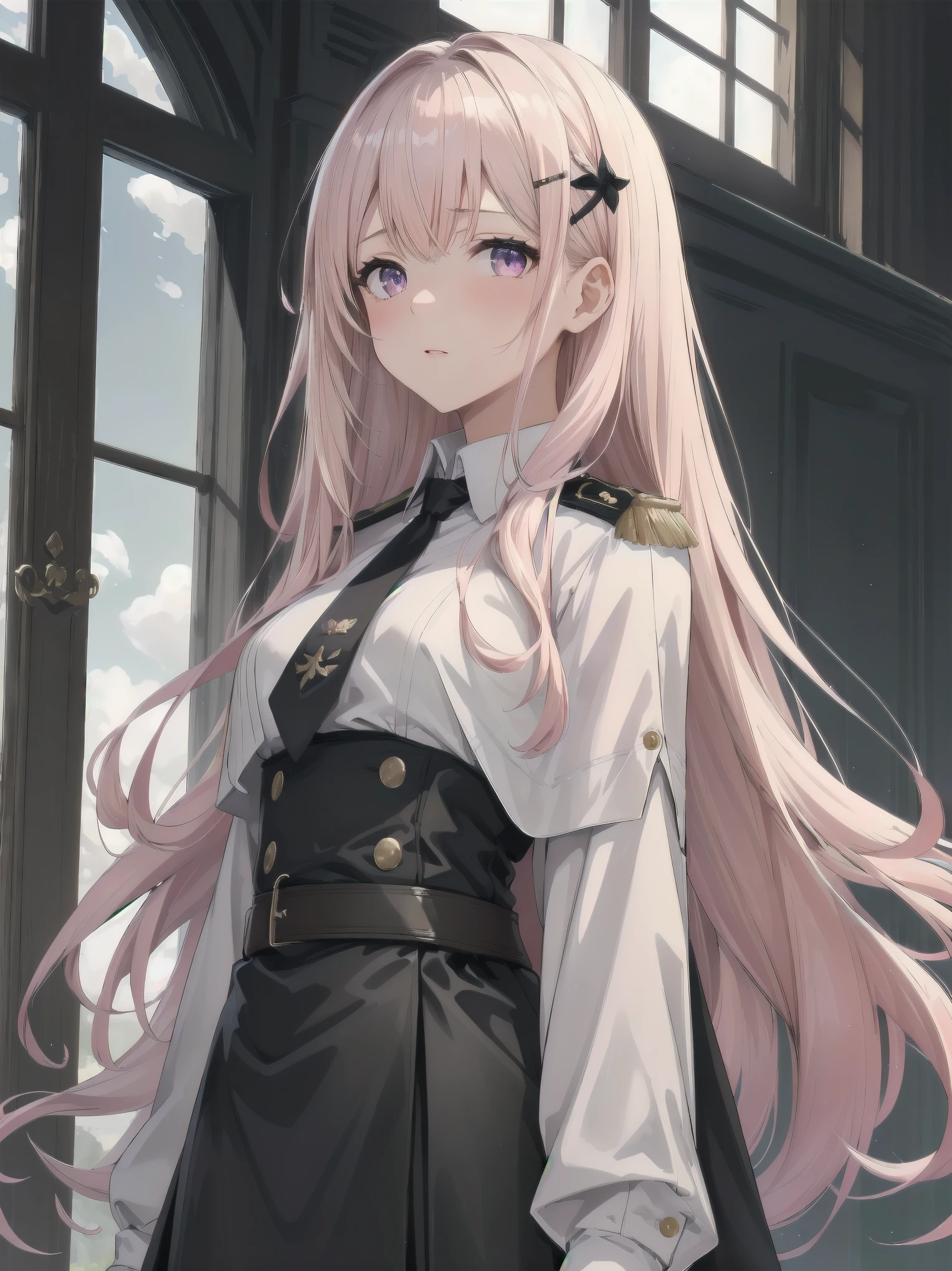 The girl wore a black German military uniform, The girl was draped in a black cloak, surreal, granblue fantasy style, extremely delicate and beautiful, upper body, looking at viewers, focus on eyes, hands behind back, grace, Perfect female body, girlan extremely delicate and beautiful girl, young, Very long hair, sliver hair, big forhead, hair over shoulder, shiny platinum blonde hair, long hair flowing with the wind, detailed face, serious, beatiful detailed eyes, medium chest circumference, white skin, holster, necktie, black capelet, gloves, German military uniform, black gauze skirt, formal, black Clothes, indoors, palace, State banquet, best masterpiece, hyper quality, ultra-detailed,purple eyes,Military uniform,1girl, solo, long hair, pink hair, hairclip, bangs, pink eyes, , pink bow, white shirt, collared shirt, long sleeves, grey skirt