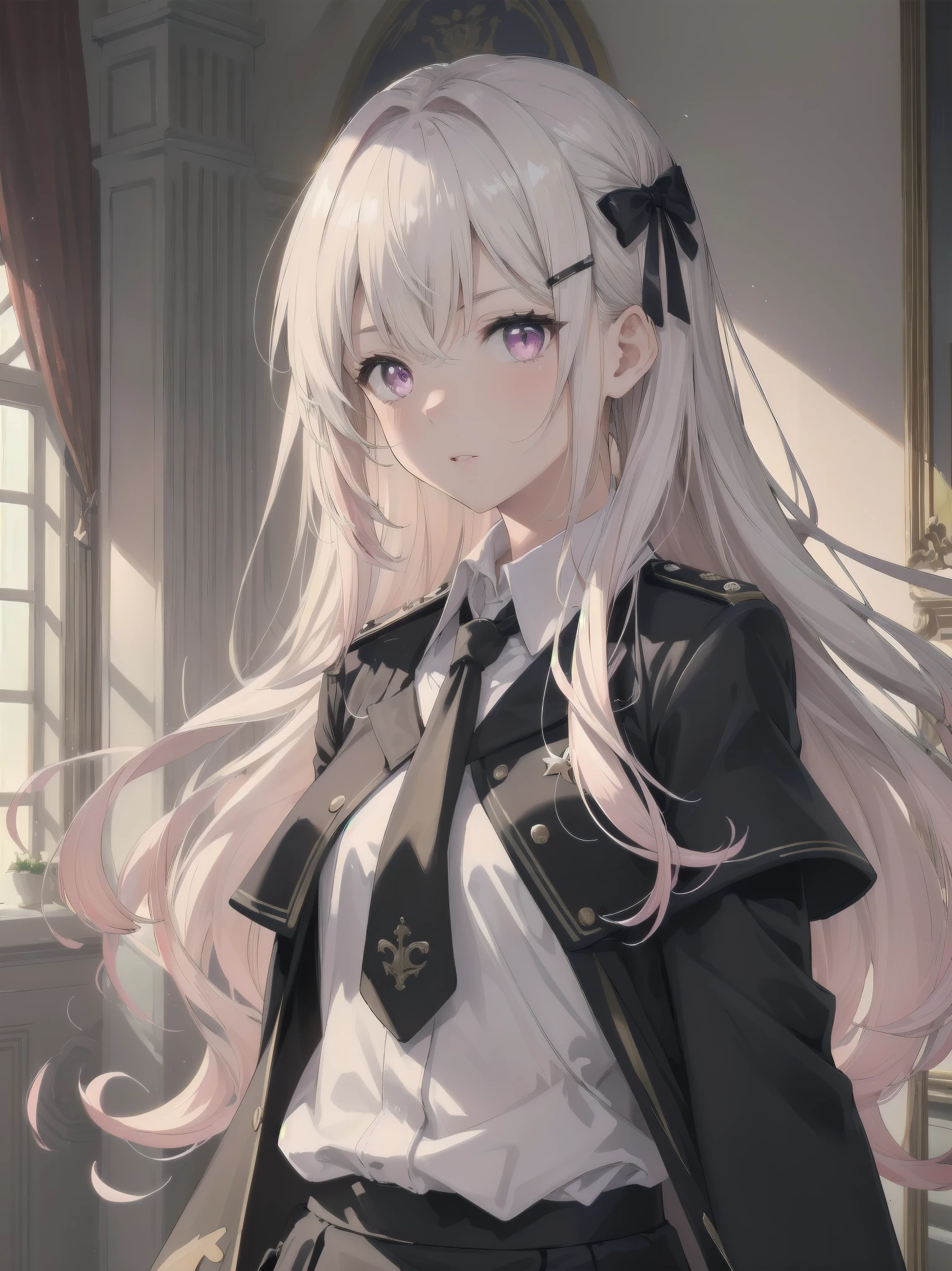 The girl wore a black German military uniform, The girl was draped in a black cloak, surreal, granblue fantasy style, extremely delicate and beautiful, upper body, looking at viewers, focus on eyes, hands behind back, grace, Perfect female body, girlan extremely delicate and beautiful girl, young, Very long hair, sliver hair, big forhead, hair over shoulder, shiny platinum blonde hair, long hair flowing with the wind, detailed face, serious, beatiful detailed eyes, medium chest circumference, white skin, holster, necktie, black capelet, gloves, German military uniform, black gauze skirt, formal, black Clothes, indoors, palace, State banquet, best masterpiece, hyper quality, ultra-detailed,purple eyes,Military uniform,1girl, solo, long hair, pink hair, hairclip, bangs, pink eyes, , pink bow, white shirt, collared shirt, long sleeves, grey skirt