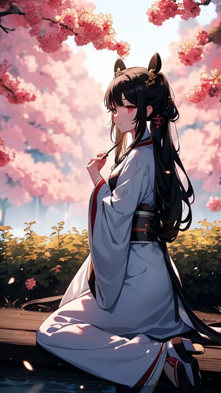 1 anime girl, she wears hanfu, she's cute, pigtails,dark-haired, long hair, wavy hair, gorgeous, she wears shinigami mask, nature background, perfect scenery, HD Graphics, nature lights, full body looks, 4K wallpaper