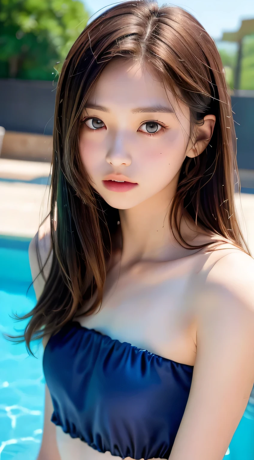 highest quality, RAW Photos, Realistic, face, Incredibly beautiful girl, cute, Long Hair,Written boundary depth, High resolution, Super detailed, detailed, Very detaileded, extremely detaileded eye and face, Sharp pupils, Realistic students, Sharp focus, Cinema Lighting, Japanese, Short women,  Physical build, Short arms, Long, narrow eyes, Fleeting atmosphere, 15 years old, Brown bob hair, ((thin lips)), White top and bottom underwear, Masterpiece, highest quality, Detailed skin, Detailed face, Fine grain, 8k, Excellent anatomy, Upper body portrait，flat breasts, small breasts, small,( small bust: 1.2), small bust, (slim, small, flat, small), thin, Delicate and sexy collarbone, One Girl, (Beautiful girl, Delicate girl:1.3), (15 years old:1.3),
break, (One piece swimsuit, Swimsuit:1.2),
break, (Pool:1.3),Wet，Shiny，
break, Very beautiful eyes, (Symmetrical eyes:1.3),
break, , Brown eyes, Parted bangs, Brown Hair, (Upper teeth, The best smile:0.2),
break, (Eyes and face detail:1.0),
break, (masterpiece, highest quality, Super detailed, Detailed face, 8k)