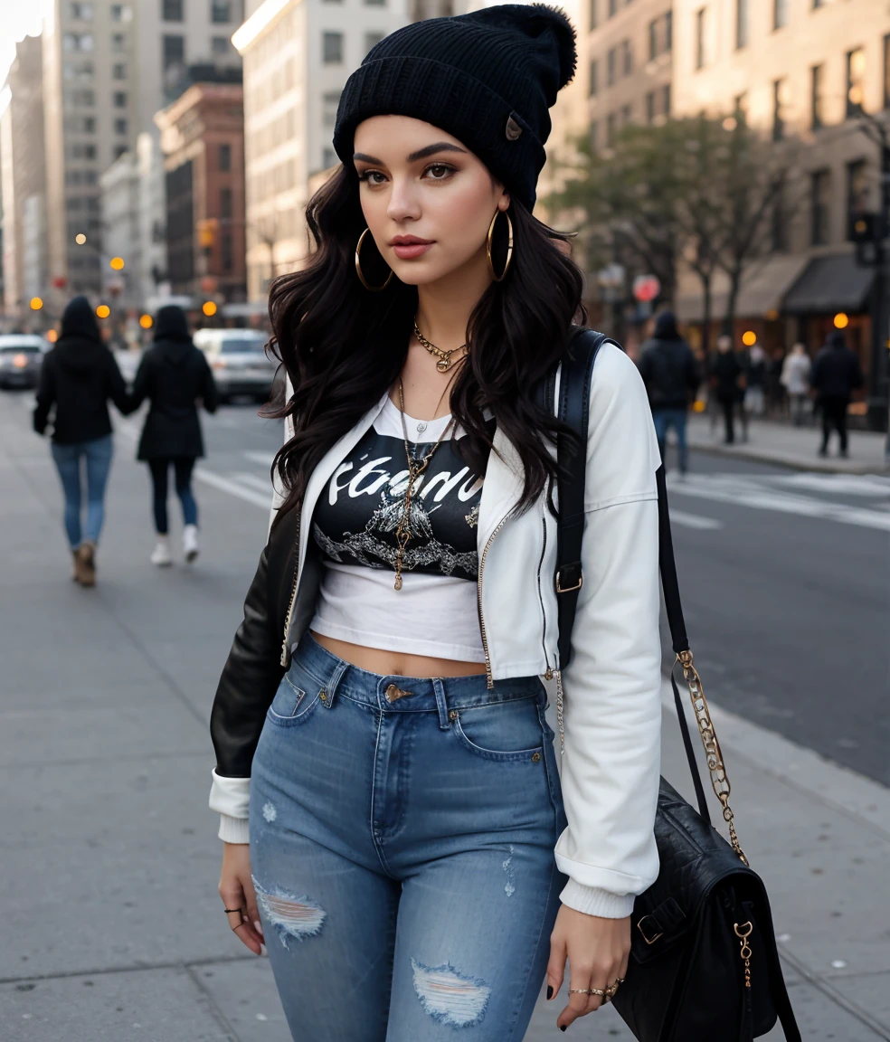 Image of a dark-haired woman with windblown curls, her hair is intertwined, like a flame against the twilight sky., radiating unbridled beauty, Big breasts, wearing an sexy edgy street style look with distressed denim jeans, a graphic tee, and a leather moto jacket. Accessorize with chunky combat boots, a beanie hat, and statement jewelry like hoop earrings and layered chains. in new york city

