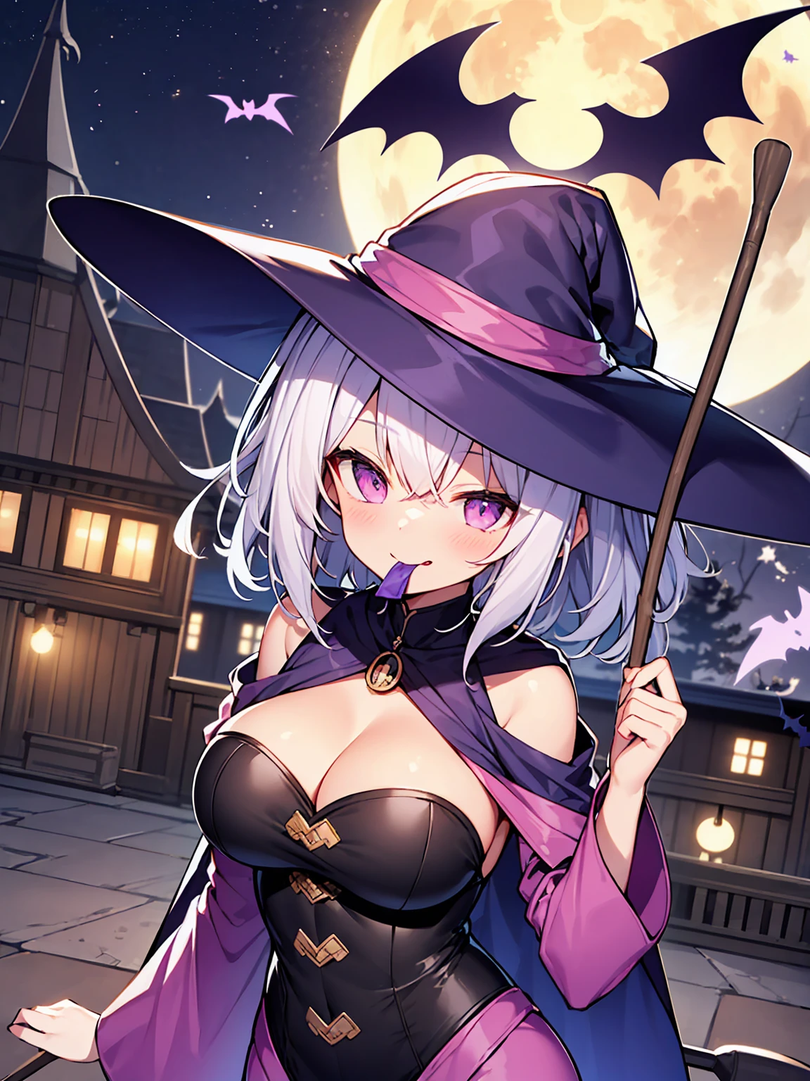 Silver Hair、short hair、Slanted Eyes、Sharp Eye、Pink Eyes、witch、Ruthless smile、Flying in the sky on a broom、Purple Robe、Purple Cape、Large Breasts、darkness、Aggressive、Mouth open and tongue out、magic、cool、Full moon night、Halloween