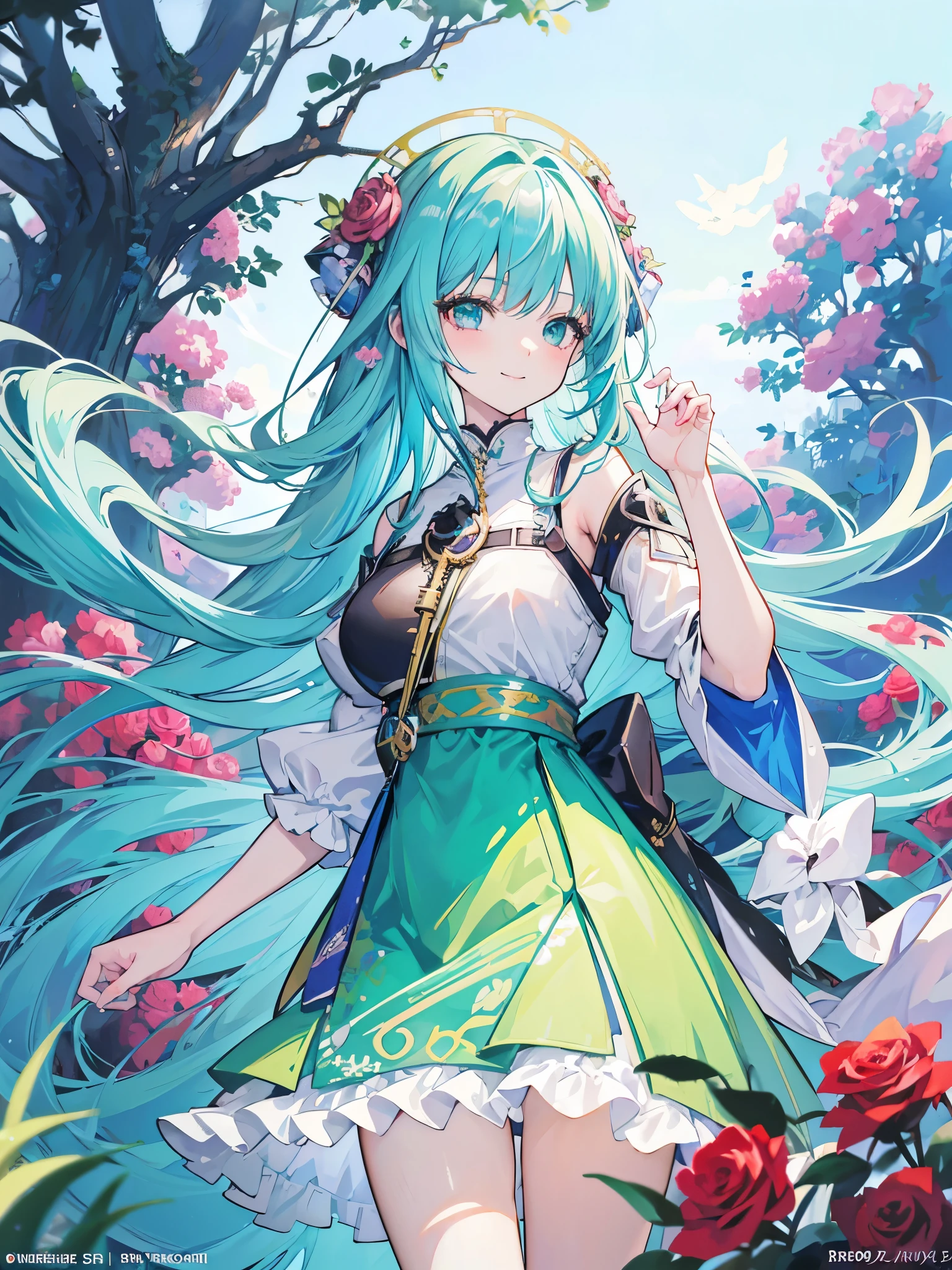 Anime girl with long blue hair, Bright smile、Detailed Key Anime Art, Green grass、Background is rose flowers、From Arknights, Highly detailed official artwork, Anime Goddess, pixiv artstationのguweiz, Official Anime Artwork, zerochan art, Beautiful fantasy anime, Ethereal Anime, Cute anime waifu in a nice dress