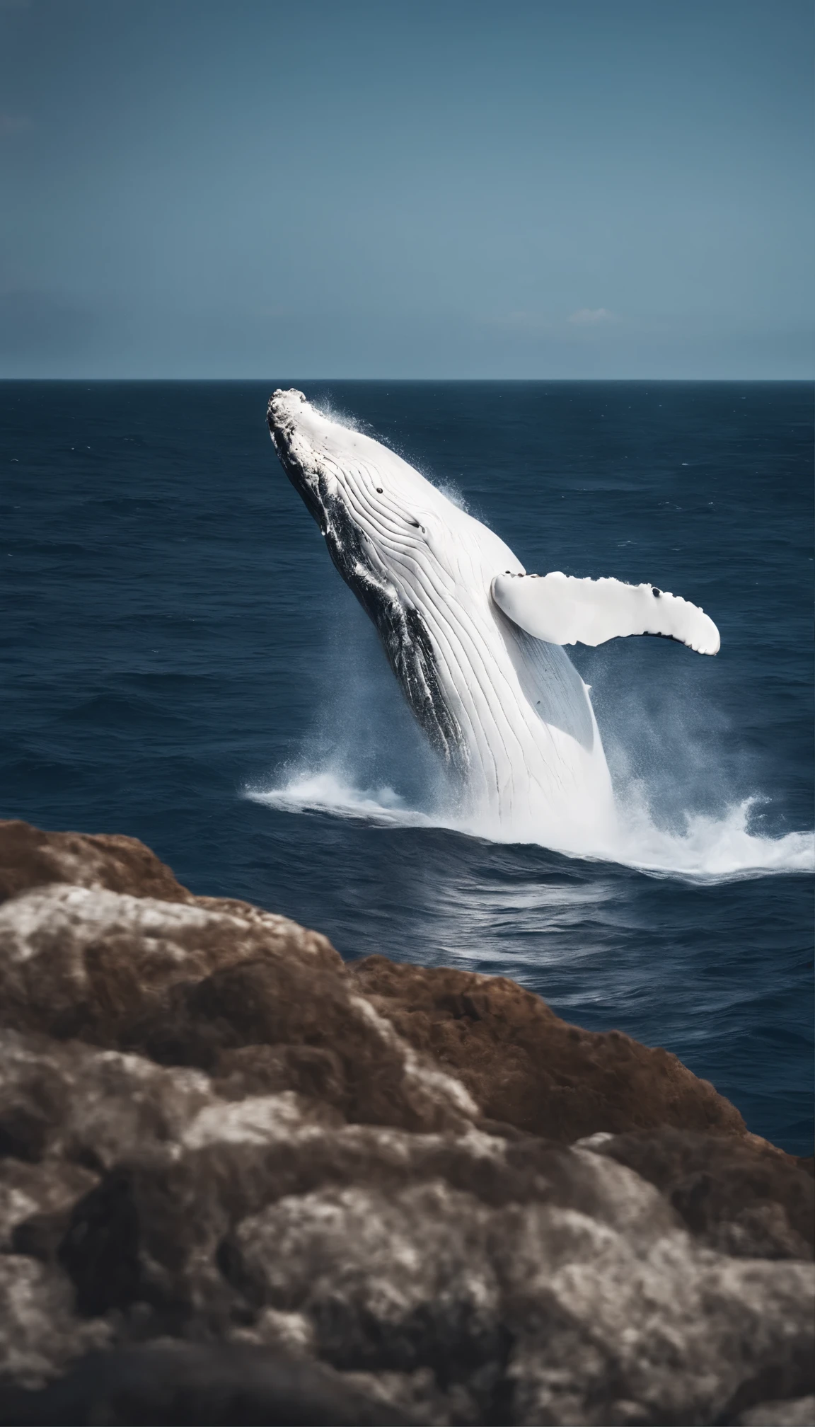 A high-definition image of a white whale jumping out of the crystal clear ocean.，The powerful image of Moby Dick。A giant body shining with smooth white skin、Erupting from the calm waters, sparkling in the sunlight。Hurloo, the gentle giant lands with a monumental splash.、They danced and scattered, creating ripples in the sunlit sea.、Enhance the atmosphere of dynamic, larger-than-life scenes。Witness the beauty and majesty of whales in high resolution、Capture every detail vividly and enjoy。