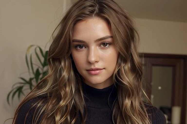 a woman in a white turtle neck sweater and jeans posing for a picture, brown colored long hair, brunette with dyed blonde hair, long hairstyle, appealing long hair, large highlights, girl with brown hair, center parted brown hair, brown flowing hair, long flowing brown hair, long brown wavy hair, brown haired, wavy hair spread out, light brown long wavy hair