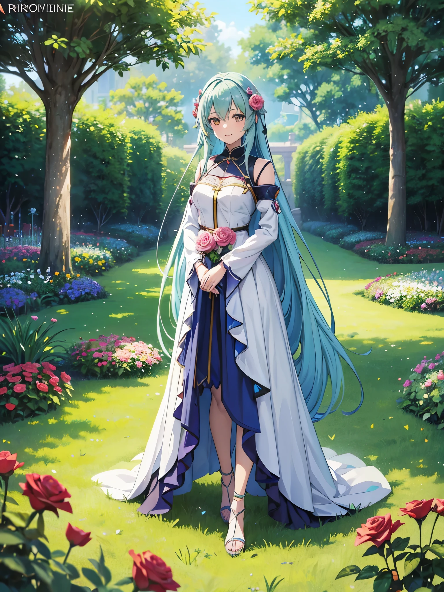 Anime girl with long blue hair, Bright smile、Detailed Key Anime Art, Green grass、Background is rose flowers、From Arknights, Highly detailed official artwork, Anime Goddess, pixiv artstationのguweiz, Official Anime Artwork, zerochan art, Beautiful fantasy anime, Ethereal Anime, Cute anime waifu in a nice dress