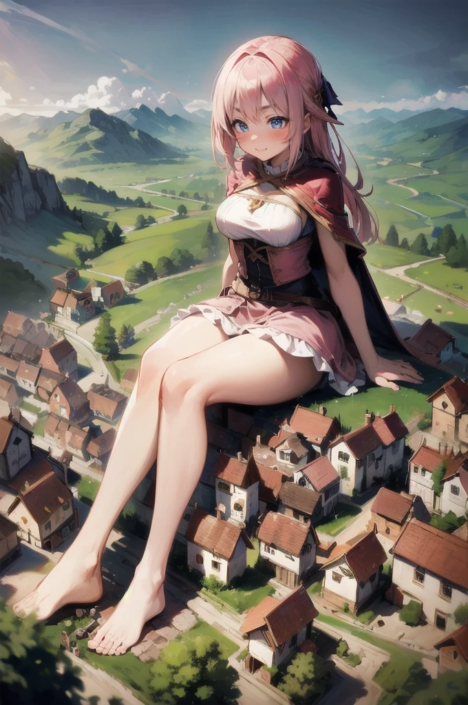 (giantess:1.1), a giantess looking down at tiny village, a tiny village below the breasts of a giantess, (fantasy:1.1), legs, (commoner adventurer clothing), (barefoot), (cute pink girl clothing), (macro: 1.2)