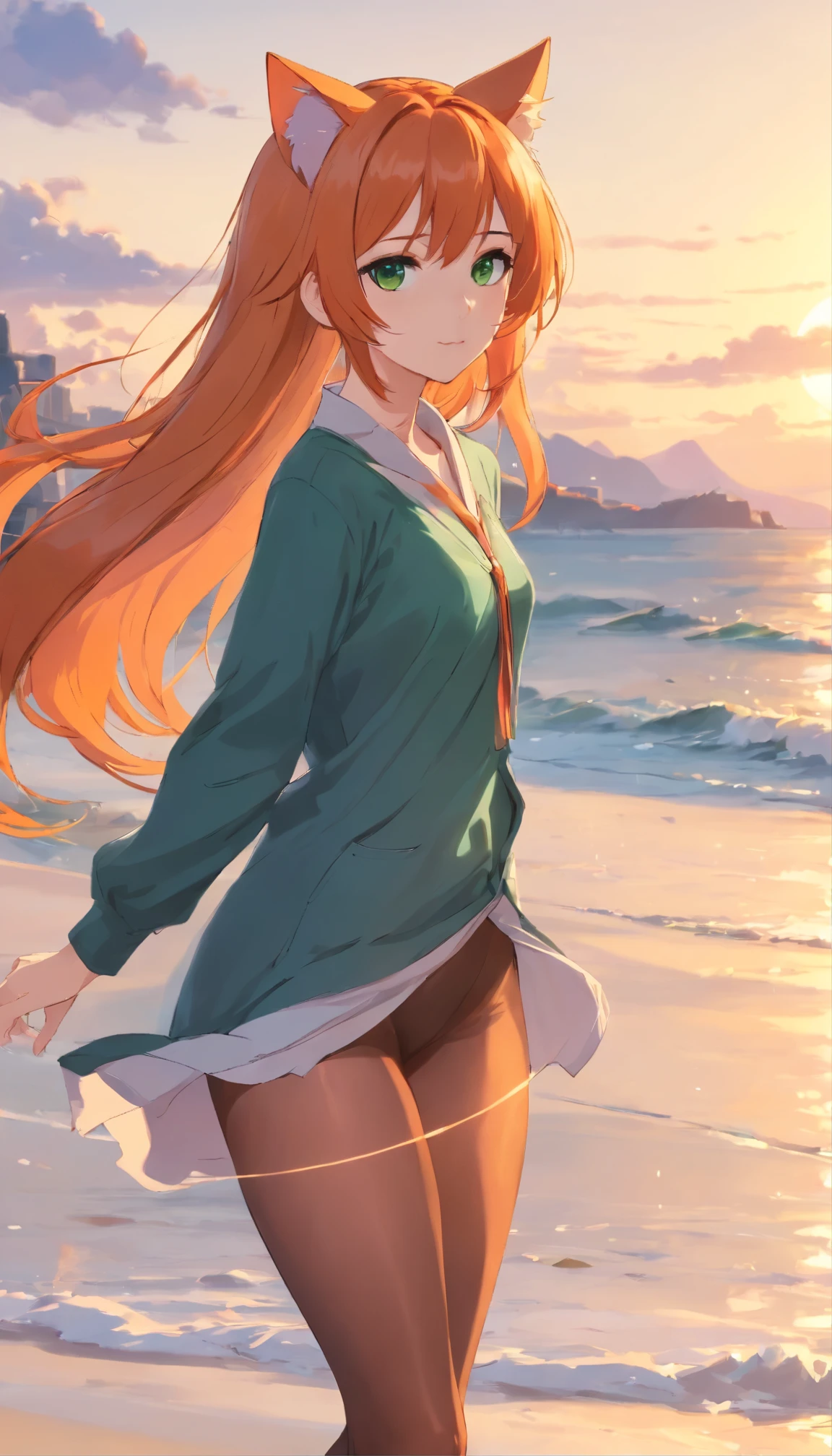 anime girl with long orange hair standing on beach near ocean, green eyes detailed digital anime art, cat ears, , anime girl with long hair, smooth anime cg art, anime girl with long hair, digital anime art, artwork in the style of guweiz, beautiful anime portrait, photorealistic anime girl render, beautiful anime girl, advanced digital anime art, pantyhose, guweiz on artstation pixiv upscale HD UHD HQ