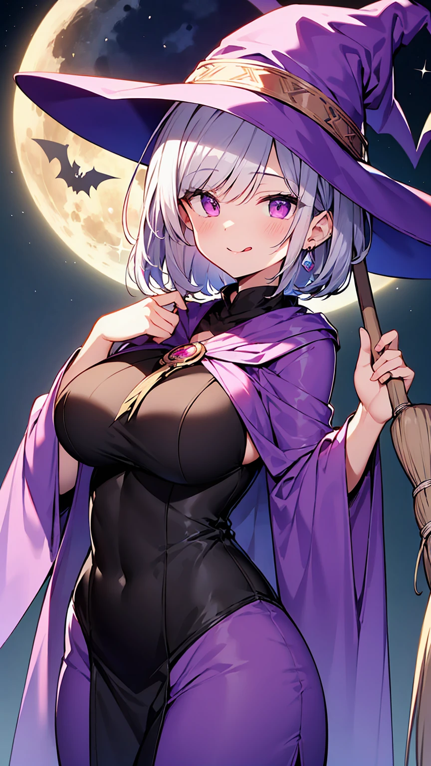 Silver Hair、short hair、Slanted Eyes、Sharp Eye、Pink Eyes、witch、Ruthless smile、Flying in the sky on a broom、Purple Robe、Purple Cape、Large Breasts、darkness、Aggressive、Mouth open and tongue out、magic、cool、Full moon night、Halloween