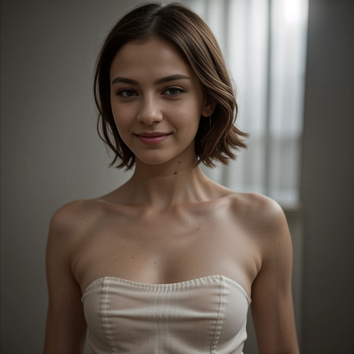 Fashion model photography, ballet dress, strong sense of design, medium shot, South African girl, short hair, hair accessories, delicate skin, smile, simple background, high texture, glare backlight, professional studio lighting