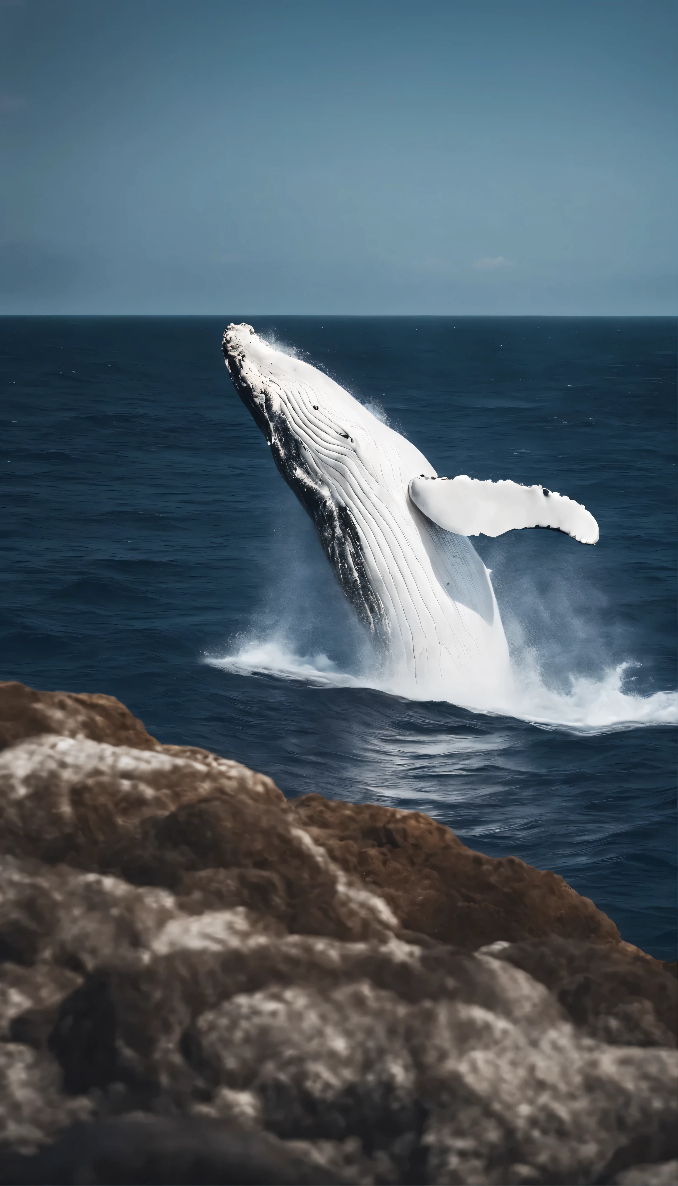 A high-definition image of a white whale jumping out of the crystal clear ocean.,The powerful image of Moby Dick。A giant body shining with smooth white skin、Erupting from the calm waters, sparkling in the sunlight。Hurloo, the gentle giant lands with a monumental splash.、They danced and scattered, creating ripples in the sunlit sea.、Enhance the atmosphere of dynamic, larger-than-life scenes。Witness the beauty and majesty of whales in high resolution、Capture every detail vividly and enjoy。