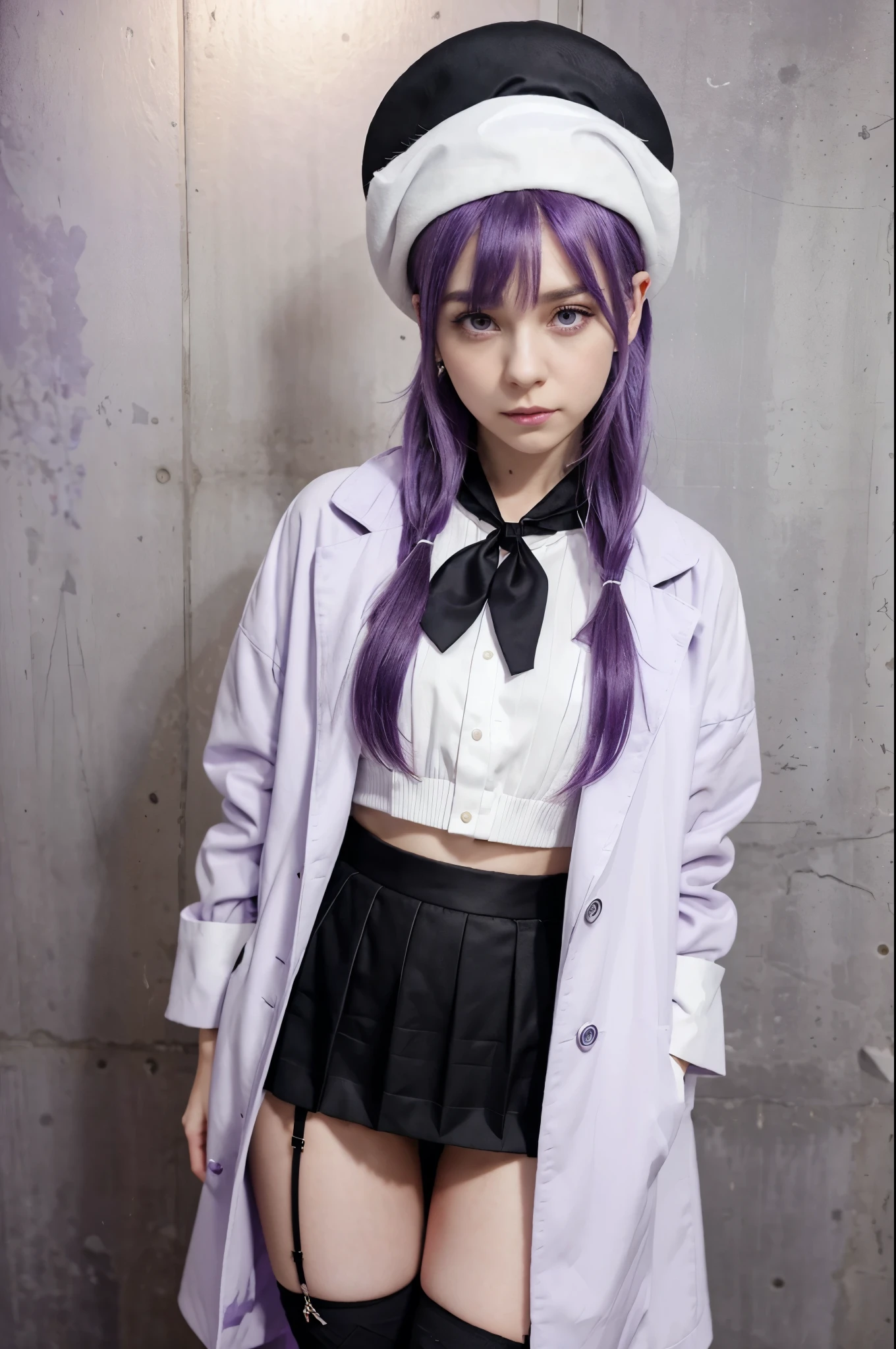 Lilac purple hair with messy bangs, dark purple , dark lilac scarf, white tie, black cropped coat, black skirt, white earrings, black beret with a lilac bow, lilac and pink irises with X pupils, black fishnet socks, black boots anime girl.