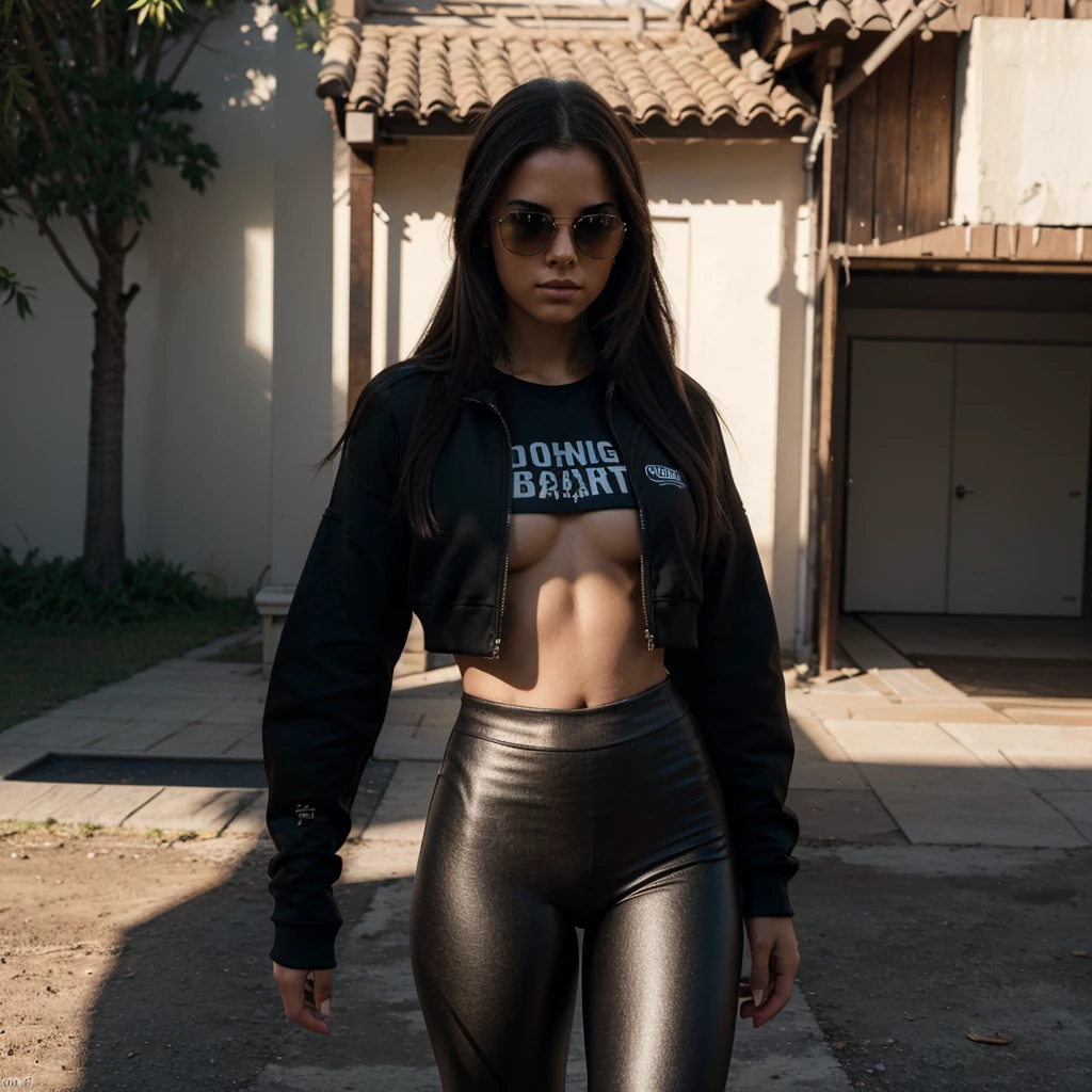 georgeous young american woman, with black sunglasses, wearing a legging and a sweatshirt, full body, beautiful face, masterpiece, best quality, ultra- detailed, solo, shadows, contrast, cinematic light, side lightning, ultra high resolution, best shadow, RAW, 4K, 85mm, poca profundidad de campo, kodak vision color, extrem adamente detallado, cinematographer_\(ultra\), photoreallistic, realistic, postproceso, maximum details, aspereza, vida real, ultra realista, fotorrealismo, cinematographer, 8K UHD, cinematographer