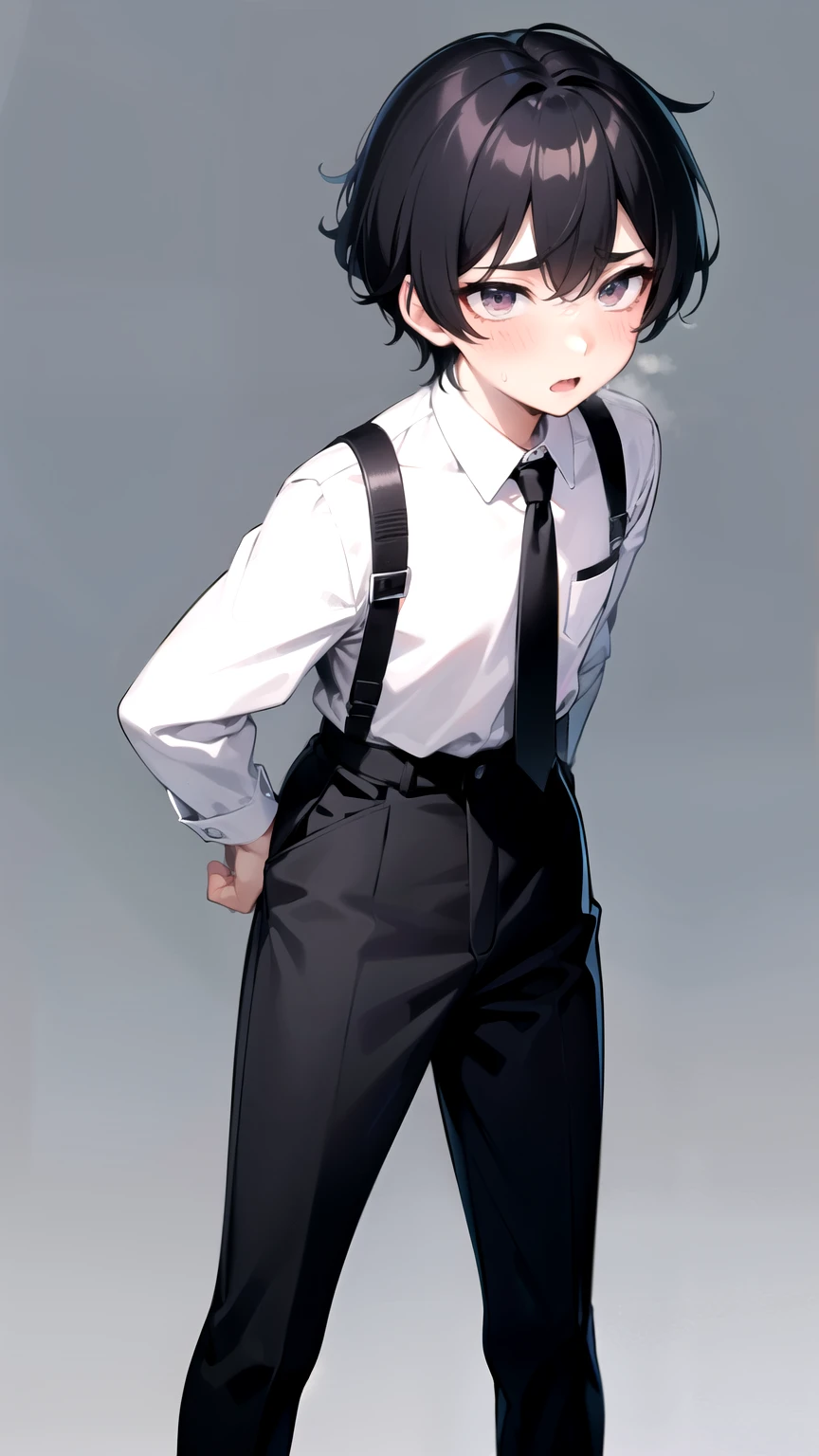 16 year old boy，very cute，Wear a white long-sleeved shirt and a black work tie，wearing black trousers，Wear black boots，Wear white gloves，Black eyes，Black hair，blush，Sweating，Uncomfortable，Slobber，Very colorful，Very colorful的姿势，Waist exposed，very thin legs，Very thin waist，Close-up photo